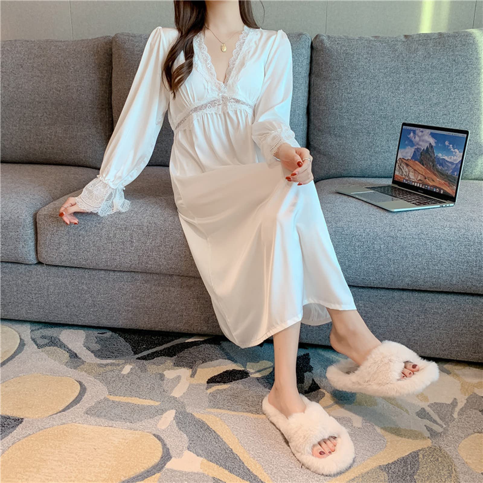 ASHER FASHION Women's Victorian Lace Nightgown - Elegant Long Sleeve V-Neck Sleepwear with Bowknot Detail & Removable Breast Pads | Perfect for Bridal Loungewear, Honeymoon Nights & Romantic Getaways
