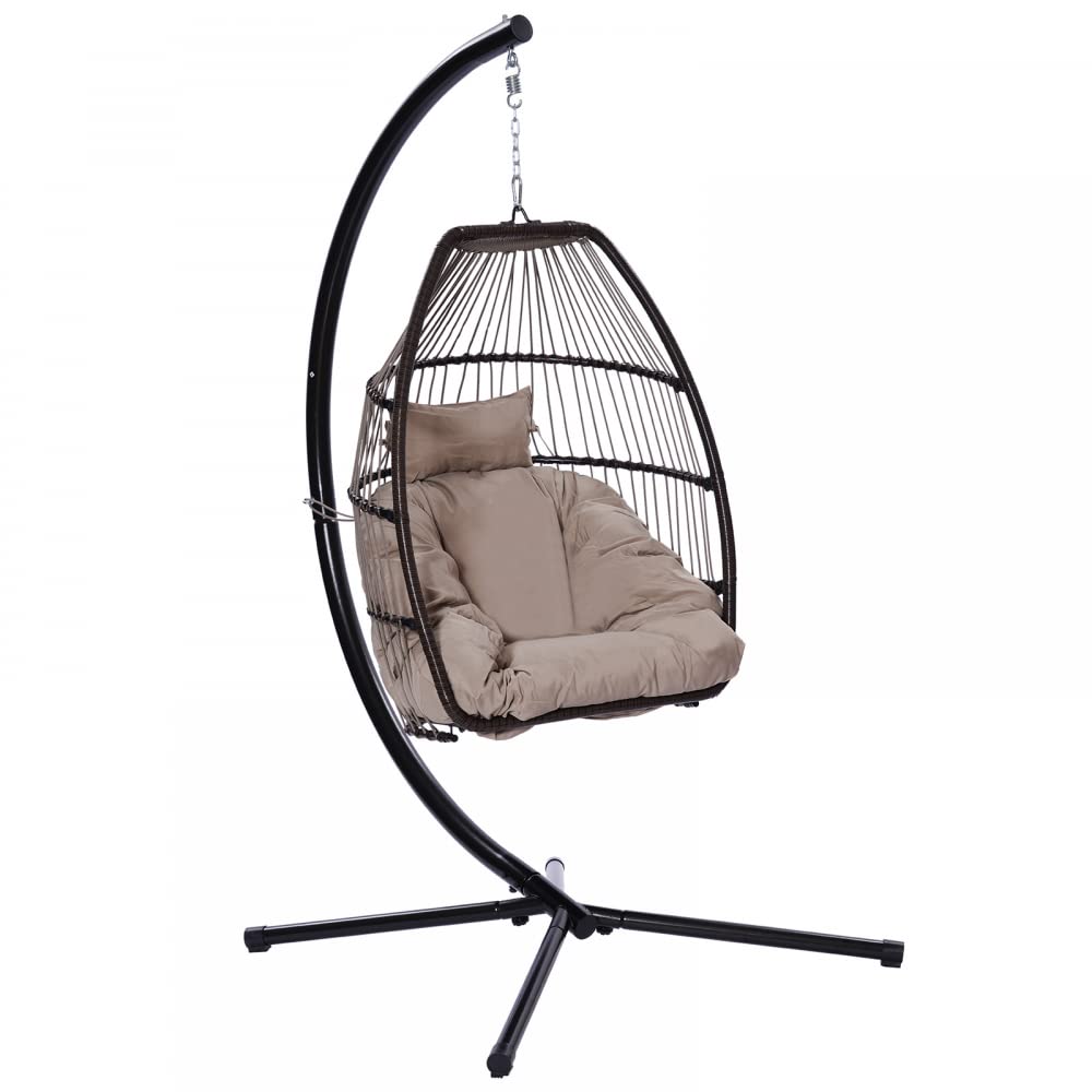 MK Patio Wicker Folding Hanging Chair - Rattan Swing Hammock Egg Chair with X-Shaped Base & C-Shaped Bracket - Includes Cushion & Pillow - Perfect for Outdoor Patio, Balcony, Bedroom, Garden & Indoor Relaxation - Ideal for Lounging, Reading & Sunbathing