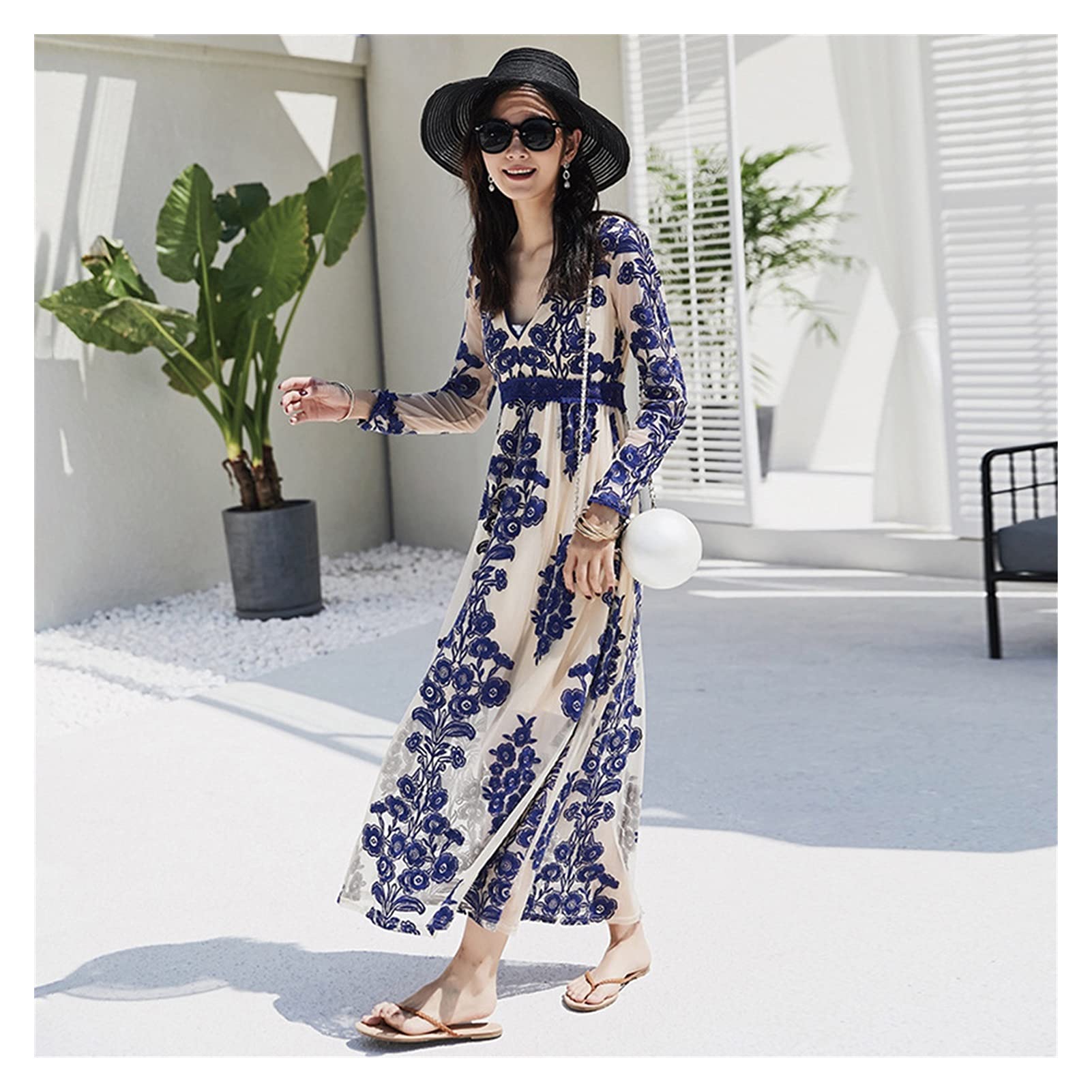 Elegant Boho Wedding Dress for Bride - Plunging V-Neck Floral Embroidered Maxi Dress with Sheer Net & Crochet Waist | Perfect for Beach Weddings, Garden Ceremonies & Boho Chic Events (Blue, Size Large)
