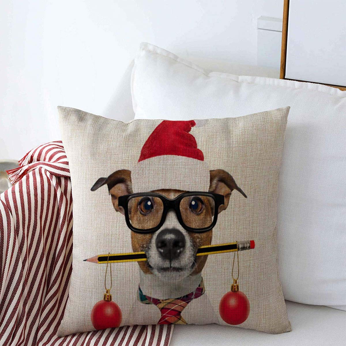 Red Suit Jack Russell Dog Throw Pillow Cover 18x18 Inch - Cute Farmhouse Decorative Cushion Case for Christmas, Office & Home Decor - Perfect Gift for Dog Lovers & Business Professionals