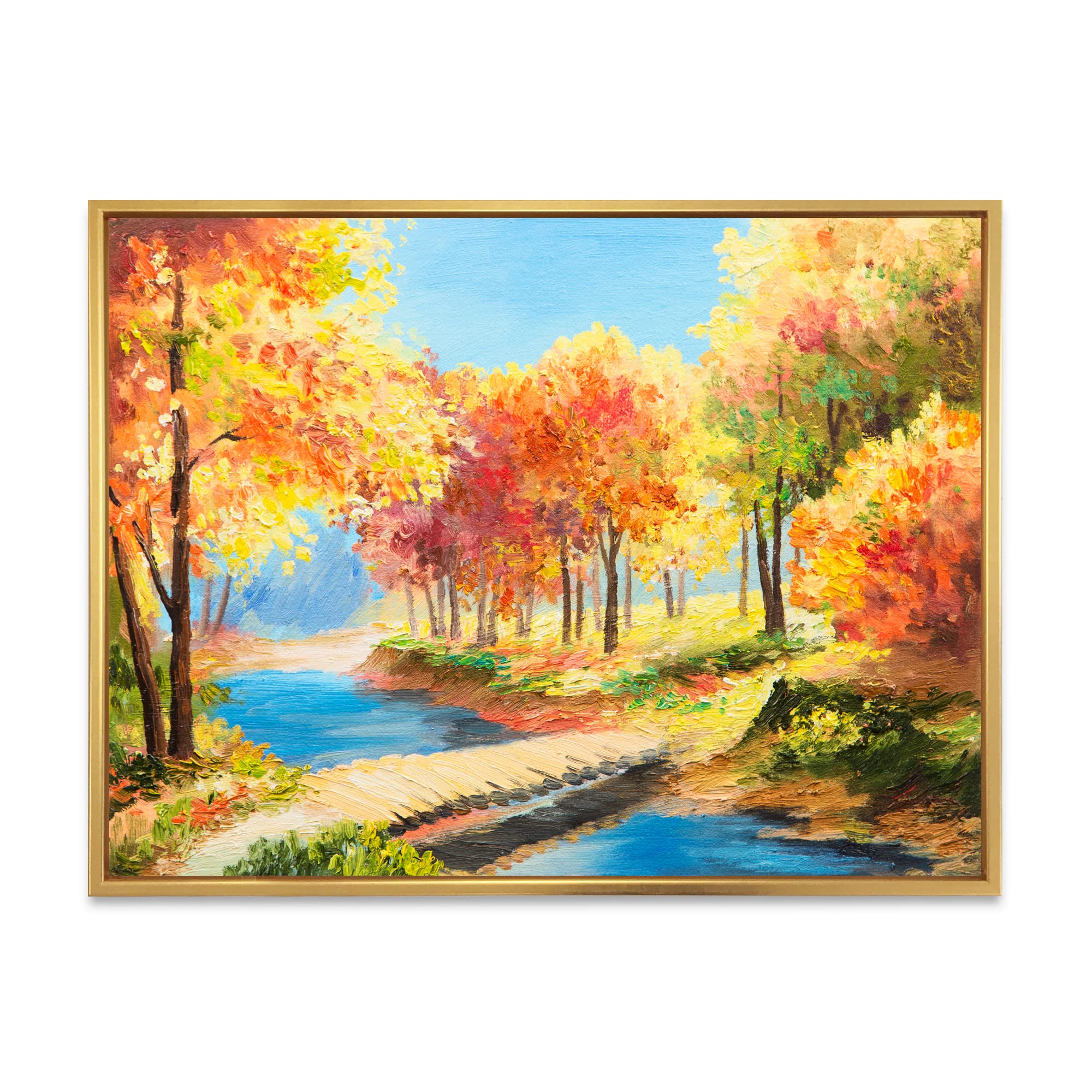 DesignQ Yellow and Orange Trees By The Riverside - Lake House Framed Canvas Wall Art Print for Living Room, Bedroom & Office Decor - Nature Landscape Painting for Home Interior Design