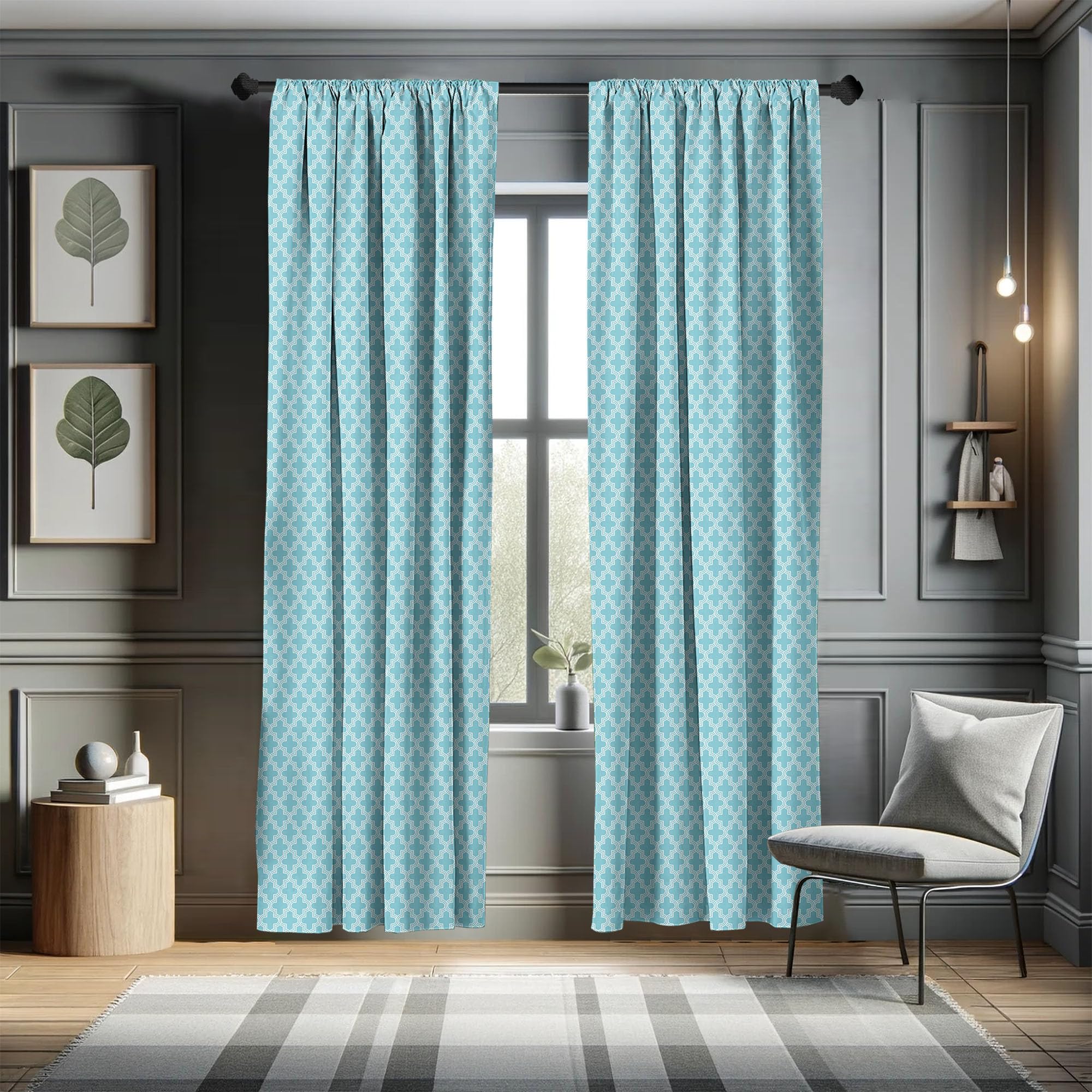 Ambesonne Traditional Blue and White Oriental Quatrefoil Lattice Window Curtains - Lightweight Decor 2-Panel Set with Rod Pocket, 28