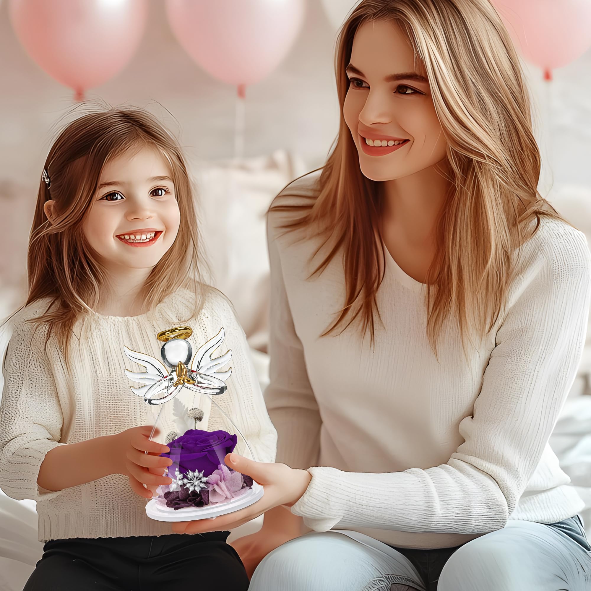 Preserved Purple Rose in Glass Angel Figurine - Mother's Day Gift for Mom, Birthday Present for Women, Thoughtful Gift from Daughter, Unique Angel Flower Keepsake for Grandma, Wife, Sister - Perfect for Home Decor, Wedding Anniversary, and Special Occasions