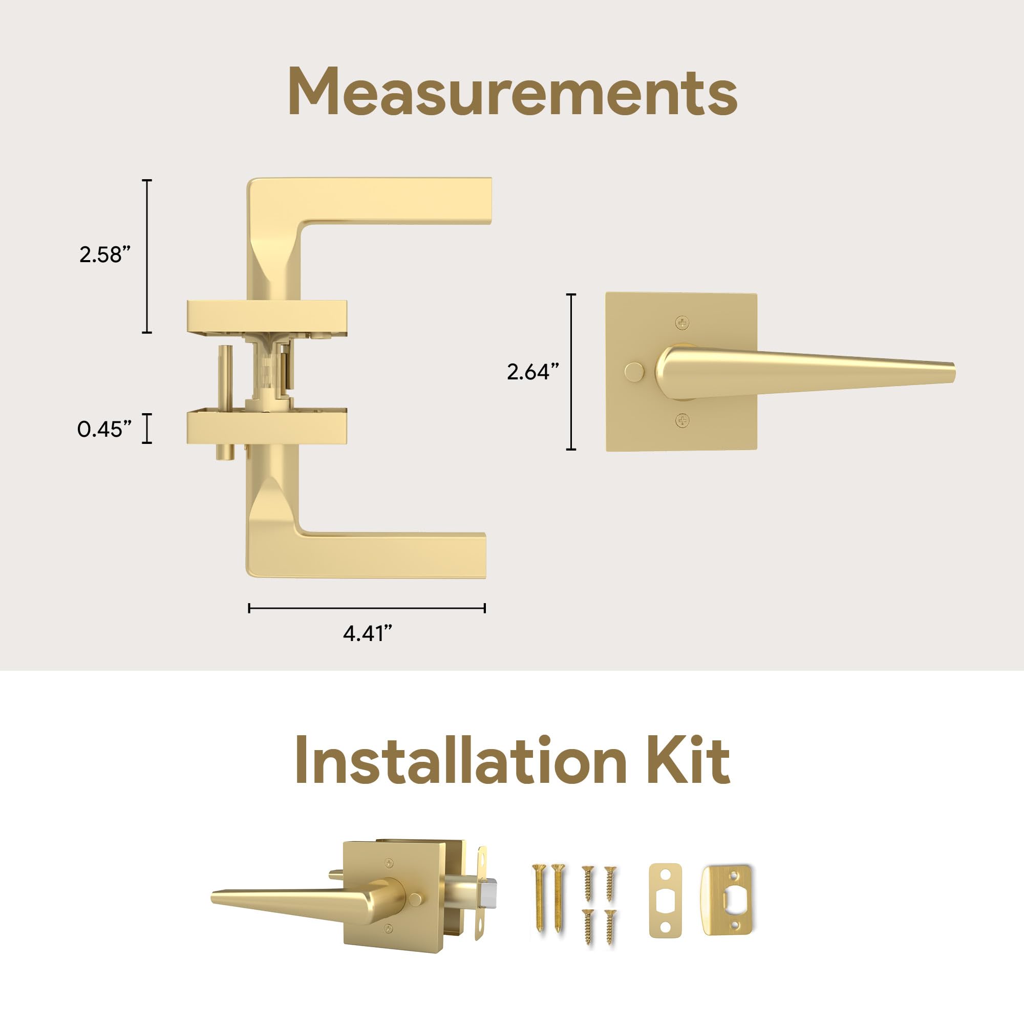 Keyless Privacy Lever Door Lock Handle Set - Heavy Duty Design for Hallway, Closet & Bathroom - Fits All Standard Doors with Included Screws - Satin Brass (1 Pack) - Perfect for Home, Office & Rental Property Security