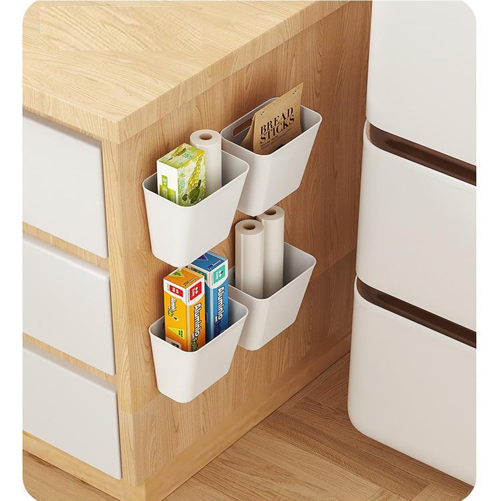 Nmgkokew 4-Piece Self-Adhesive Wall Mounted Storage Box Organizer - Kitchen Cabinet, Wardrobe, Bathroom & Refrigerator Storage Solution for Small Items - Perfect for Home, Office & Dorm Organization