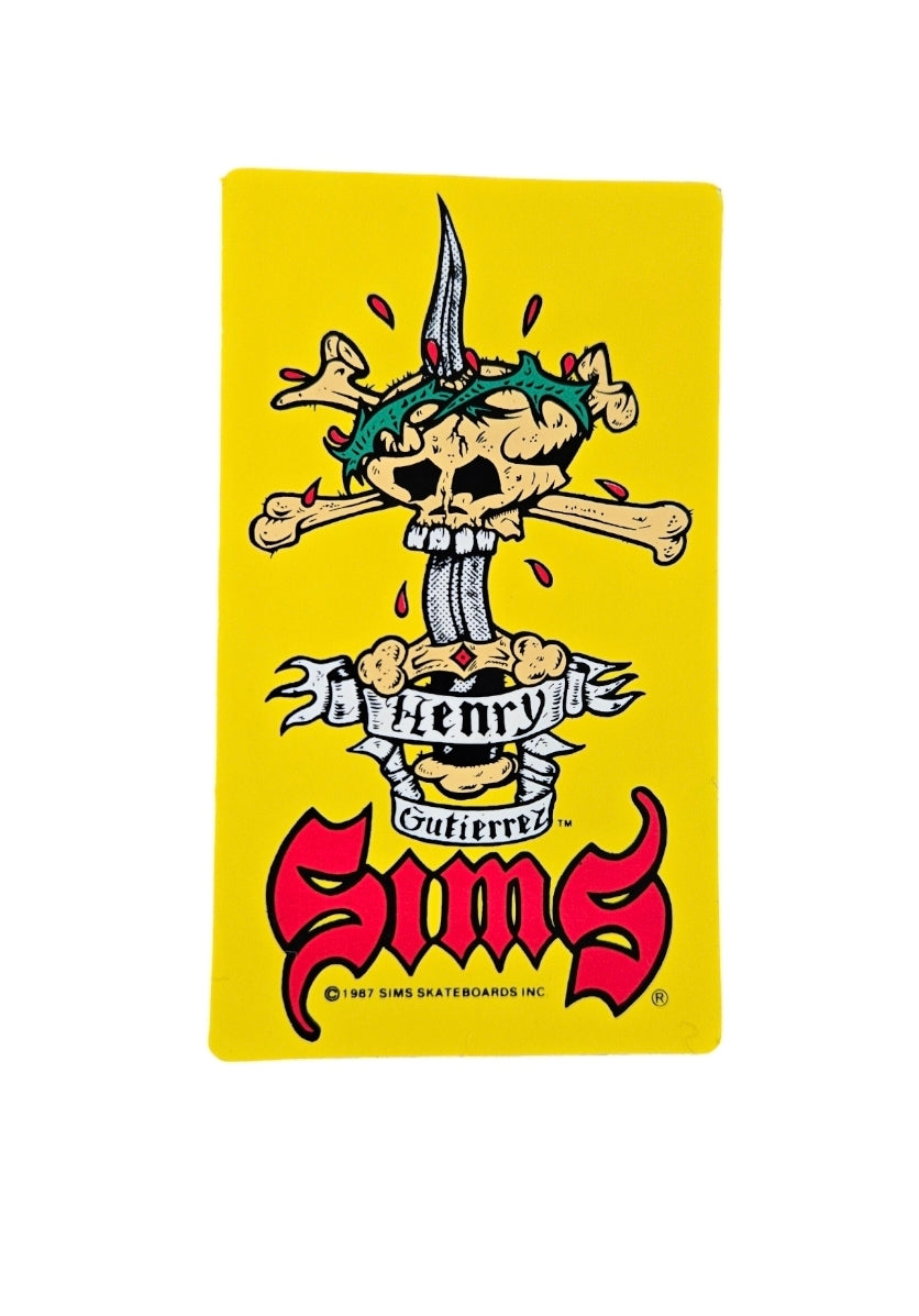 Vintage 80s SIMS Henry Gutierrez Sticker - Glossy Yellow Retro Decal for Laptops, Skateboards & Water Bottles - Collectible 80s Memorabilia