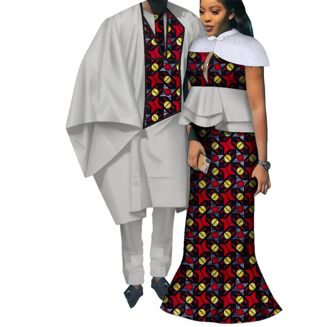 African Print Long Patchwork Dresses for Women & Men's Robe Pants - Traditional Couple Outfits for African Culture Lovers - Perfect for Weddings, Festivals and Cultural Events - 24fs1222 L