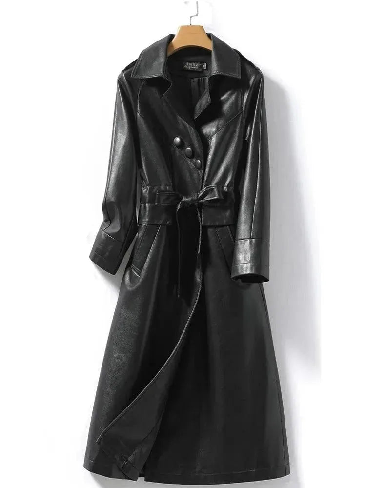 Women's Long Belted Leather Overcoat - Classic Trench Coat with Adjustable Waist for Fall & Winter | Perfect for Office, Travel & Formal Occasions