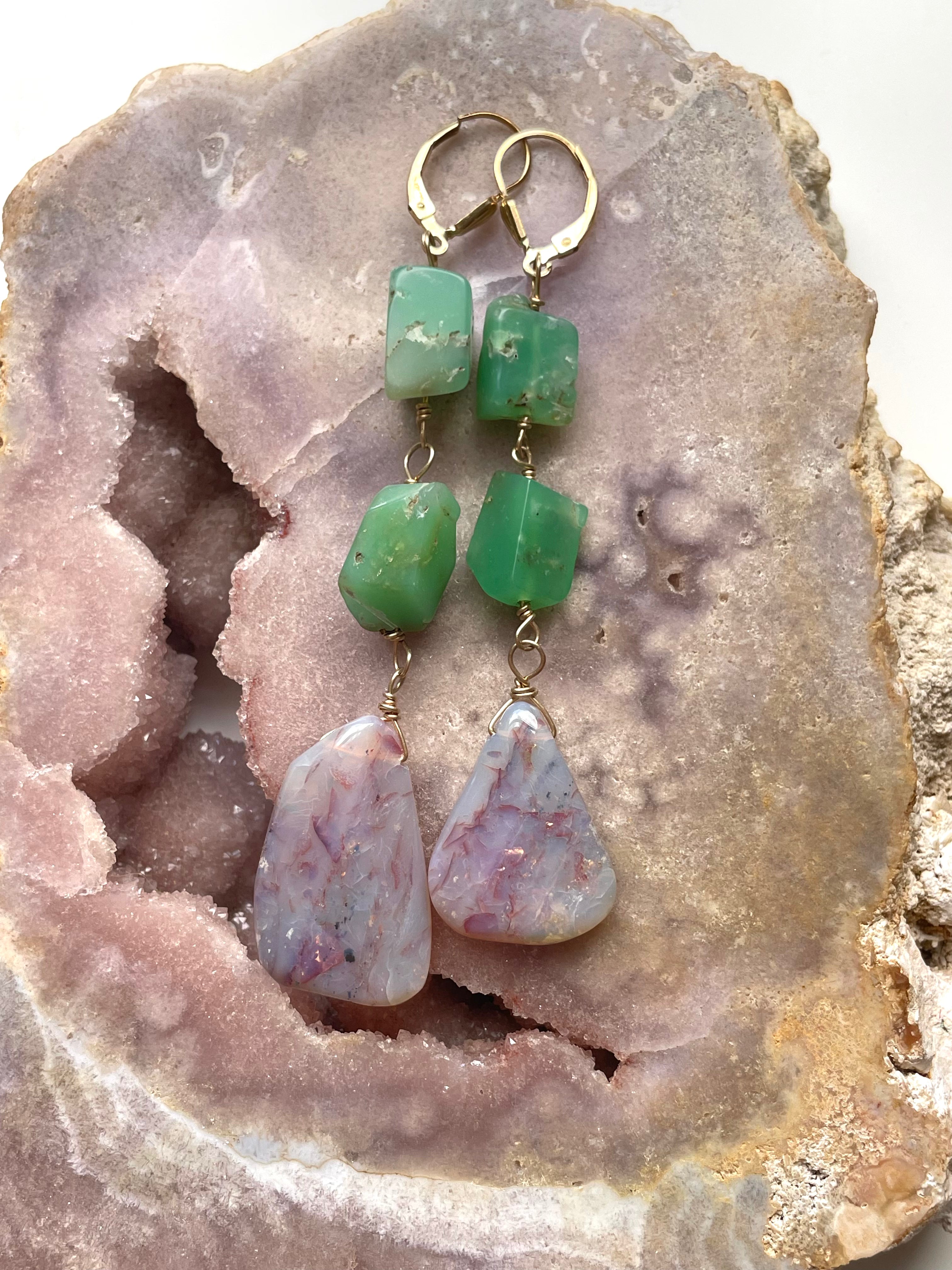 Large Opal Dangle Earrings with Chrysoprase - 14K Gold Filled Statement Jewelry for Women | Perfect for Weddings, Parties & Special Occasions