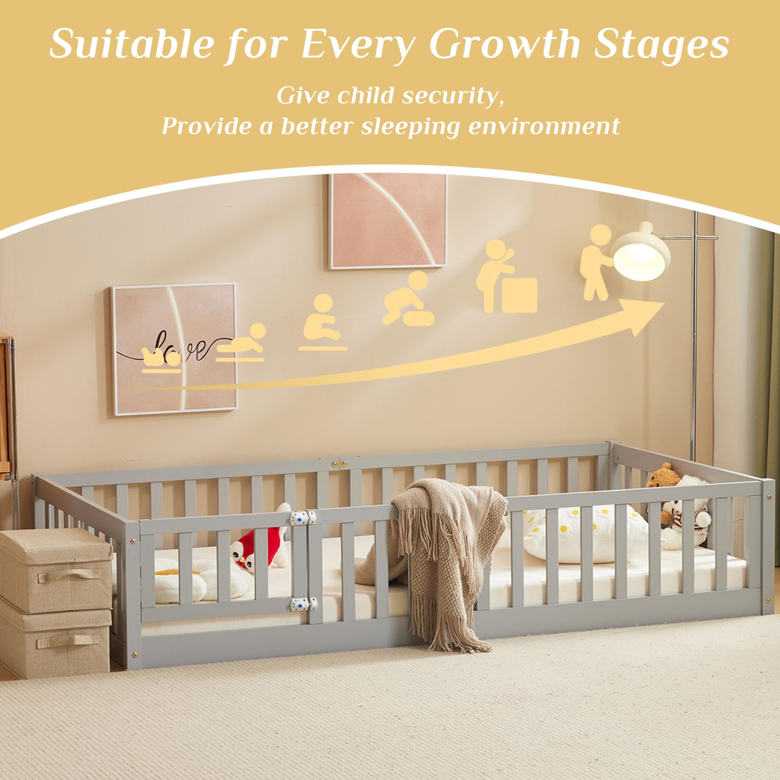 Montessori Toddler Floor Bed with Door & Safety Fence - Solid Wood Twin Bed Frame for Kids with 12 Slats & Guardrails - Grey (Perfect for Girls & Boys Bedroom, Playroom or Montessori Learning Space)