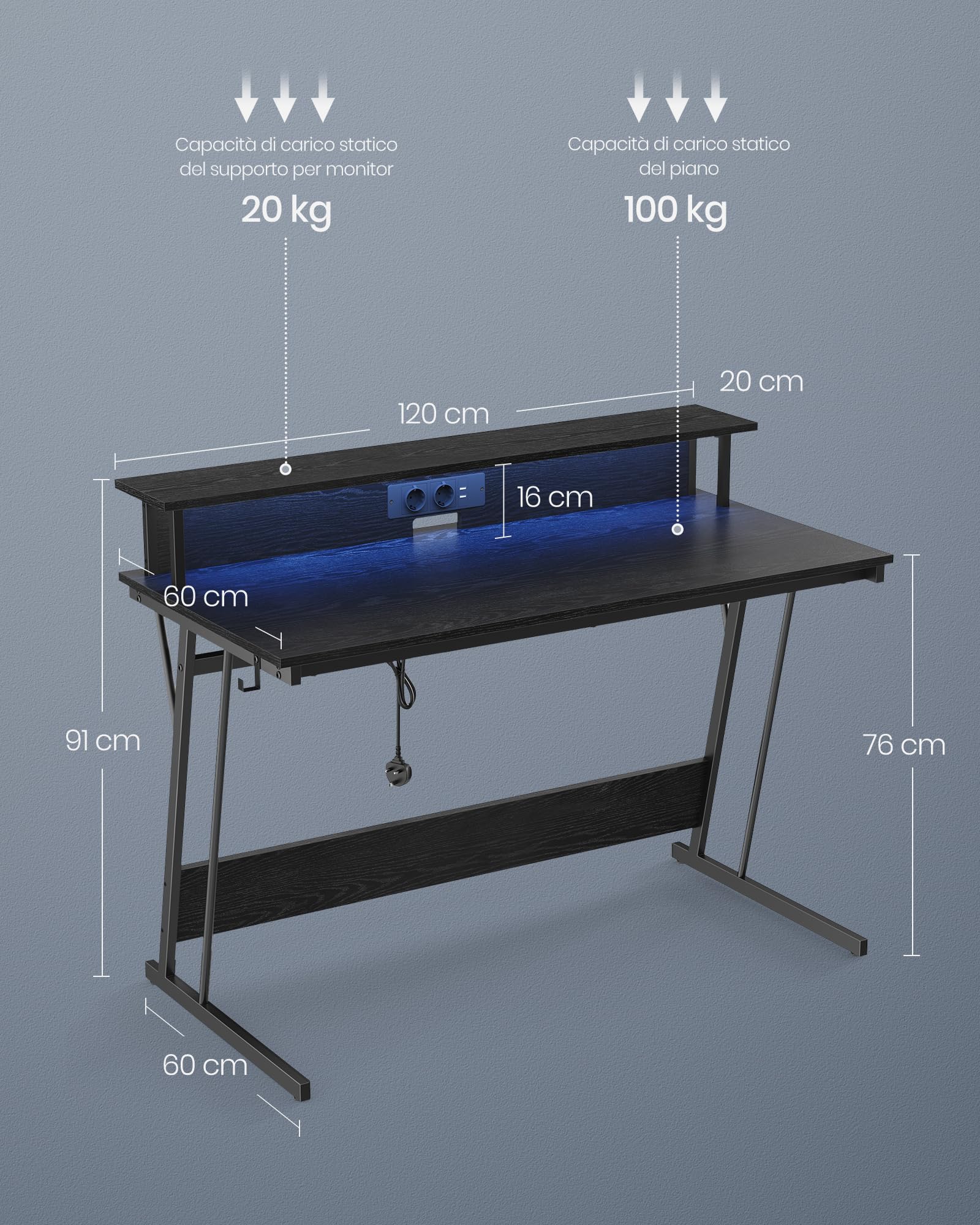 VASAGLE Gaming Desk with LED Lights and Power Outlets, Computer Desk with Monitor Stand, Dual Monitor Workstation for Office and Bedroom, 60 x 120 x 76 cm, Ebony Black LWD192B56 - Perfect for Gaming Setup and Home Office Workspace