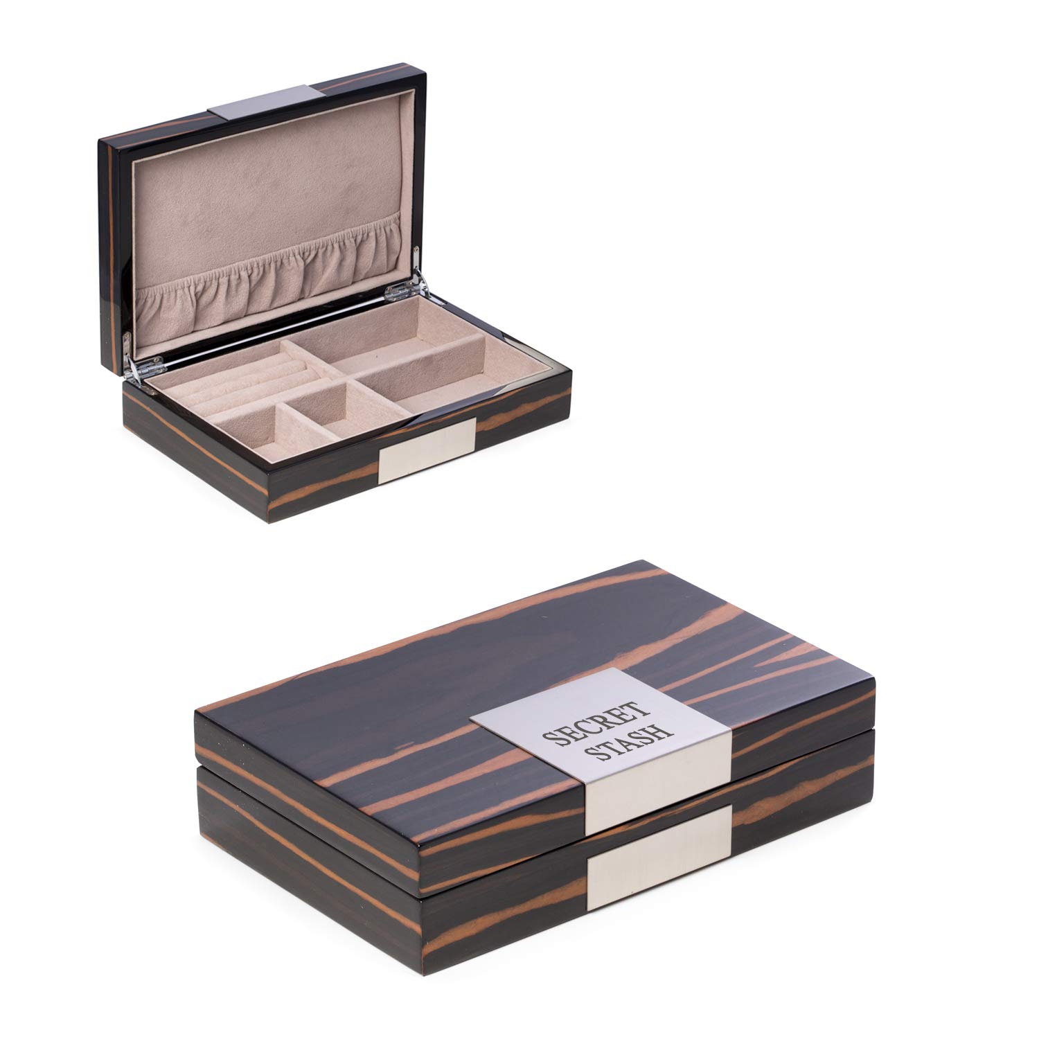 Personalized Italian Wood Valet Storage Box with High-Gloss Lacquer - Custom Engraved Tan Jewelry & Watch Organizer for Men - Perfect for Dresser Top, Nightstand, or Gift