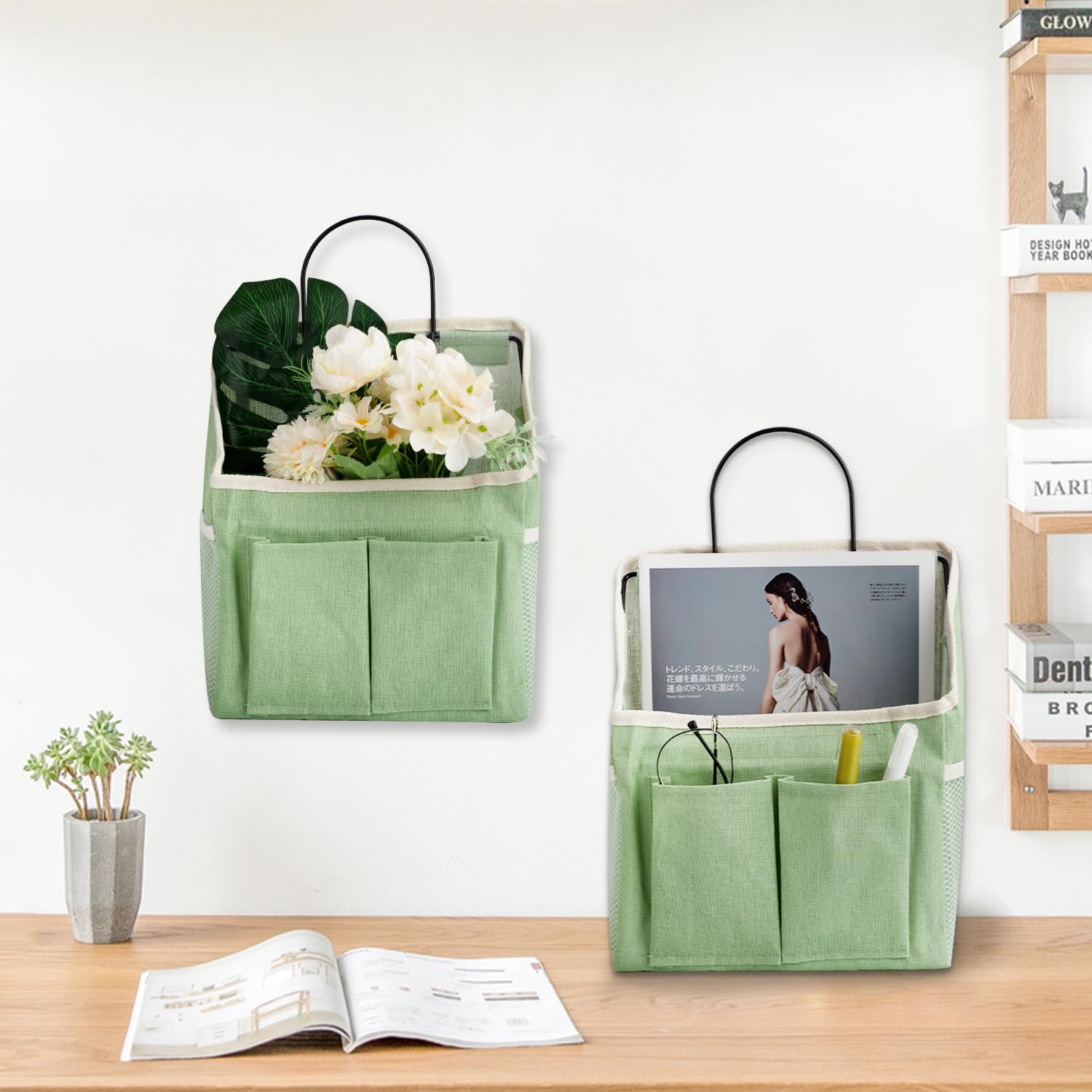 LYroo 2 Pack Green Wall Hanging Organizer with Pockets - Storage Basket for Bathroom, Bedroom, Kitchen, Dorm & RV - Perfect for Preppy Room Decor & Space Saving Organization