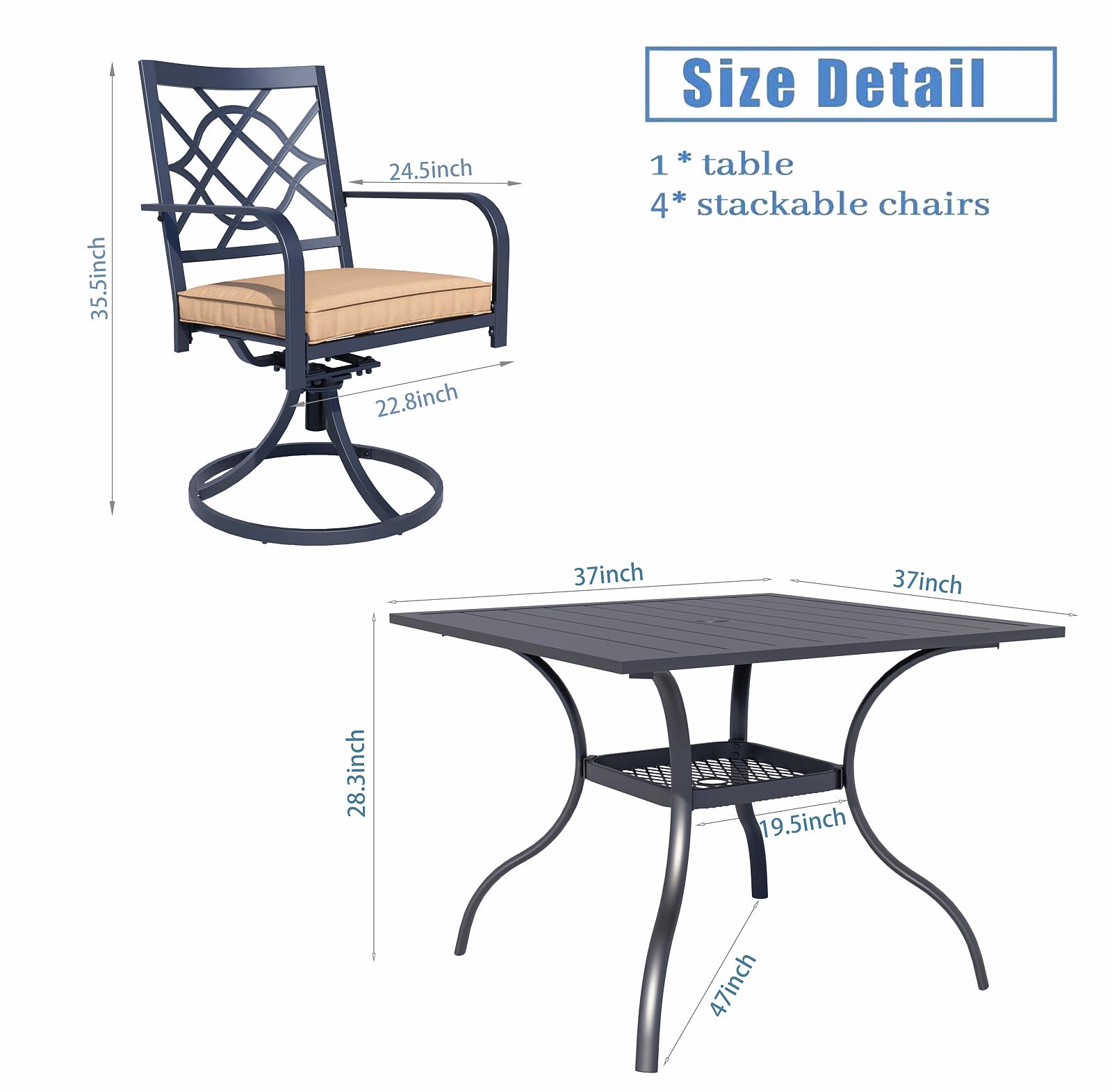 SUNCROWN 5-Piece Outdoor Dining Set with Swivel Cushioned Chairs, Steel Slat Bistro Table & 9Ft Brown Patio Umbrella - Patio Furniture for Backyard, Garden, Lawn, Poolside & Outdoor Entertaining