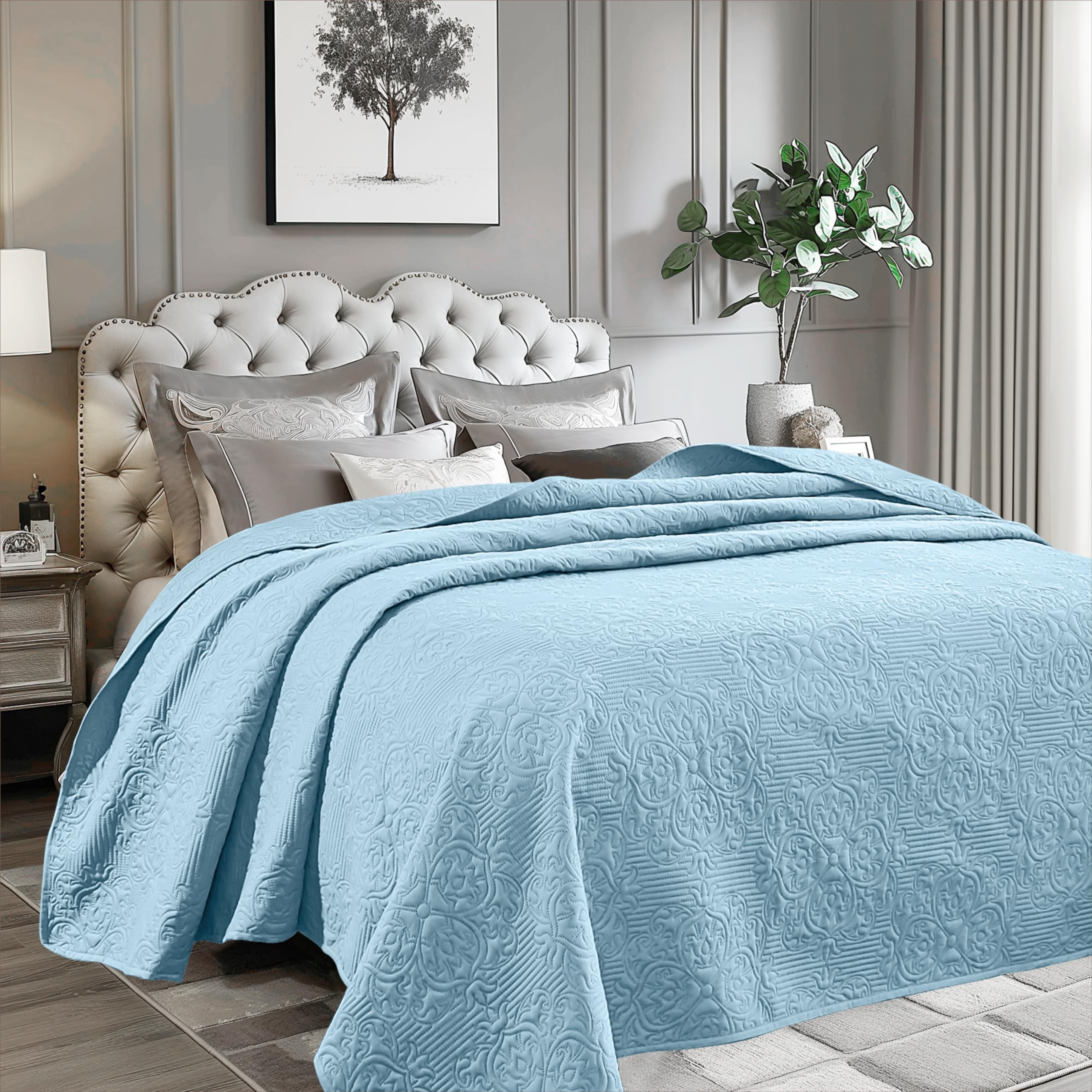 Sophia & William Reversible Lightweight King Size Bed Quilt - Breathable Bedspread Coverlet in Light Blue - Perfect for Master Bedroom, Guest Room & Cozy Home Decor