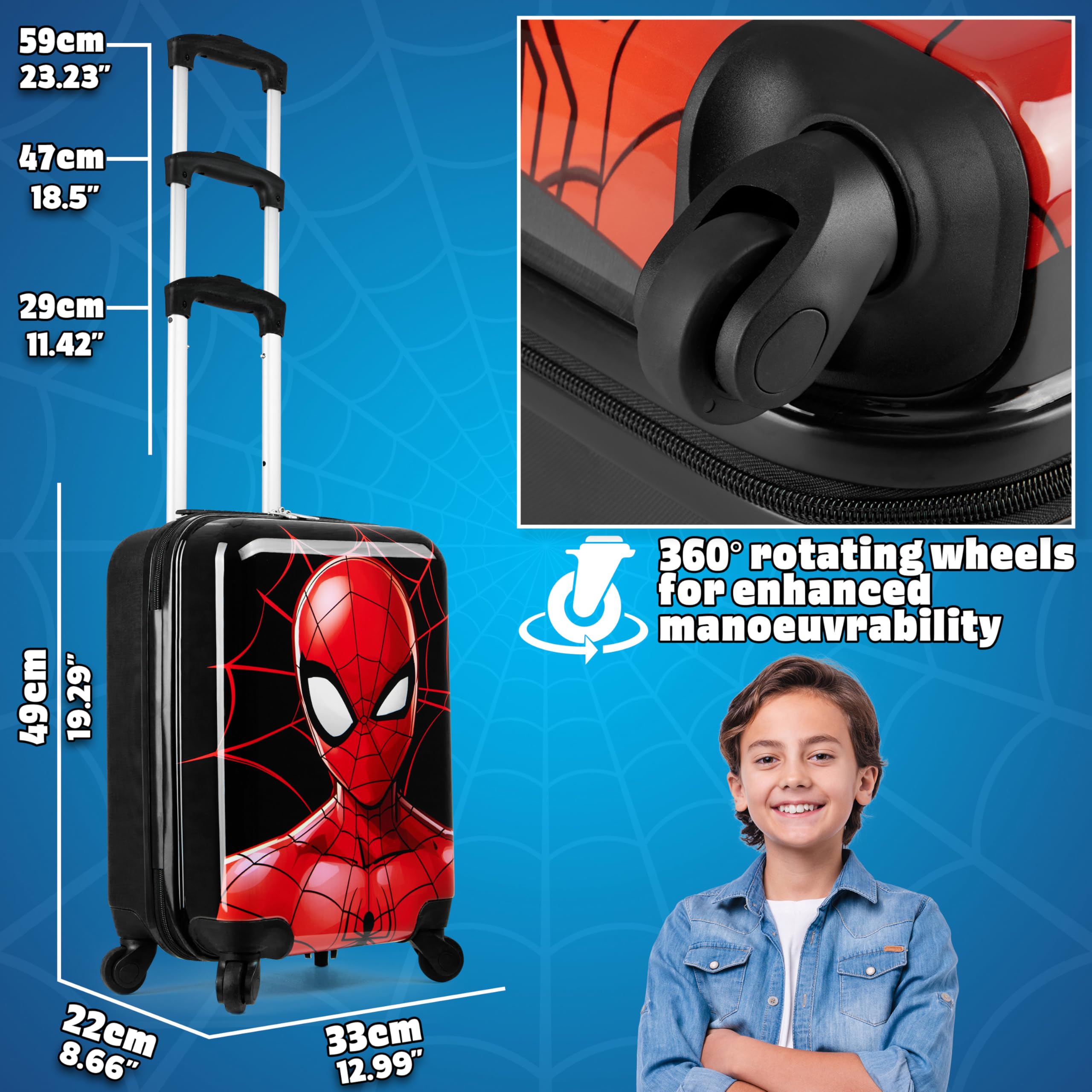 Marvel Spiderman Kids Carry-On Suitcase with Wheels & Handle - Lightweight Cabin Luggage for Boys Travel, School Trips & Airplane Adventures