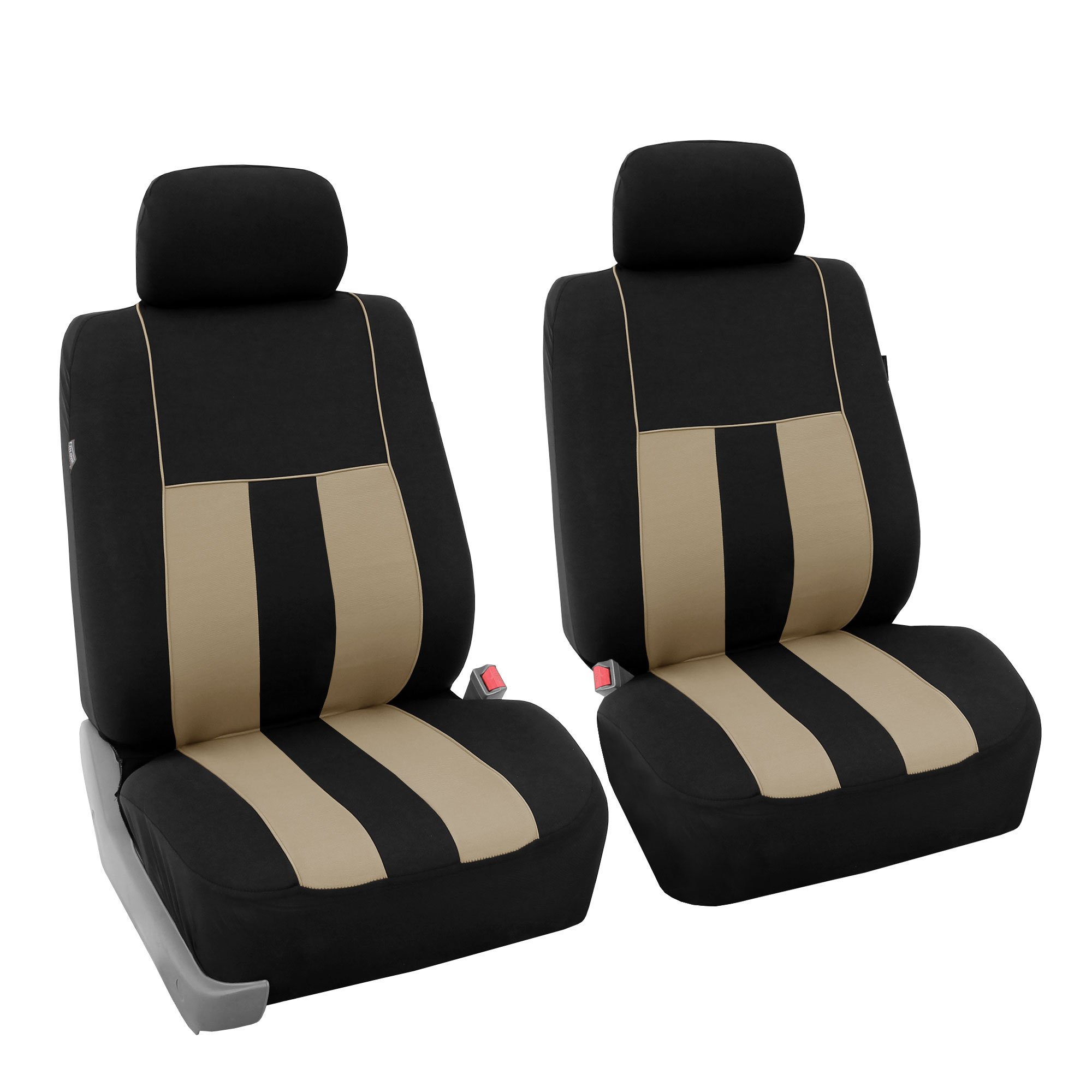 Premium FH Group Car Seat Covers - Airbag Compatible Front Pair Set, Beige & Black Striped Design | Universal Fit for Cars, Trucks & SUVs | Perfect for Daily Commute, Road Trips & Interior Protection