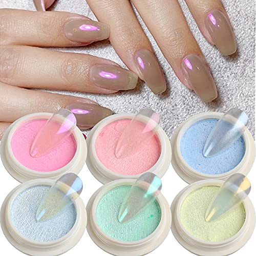 Aurora Chrome Nail Powder Set - 6Pcs Mermaid Mirror Pigment with Sponge Brushes for Nail Art | Titanium Metal Powder for Professional Salon & DIY Manicure at Home | Perfect for Parties, Weddings & Special Occasions