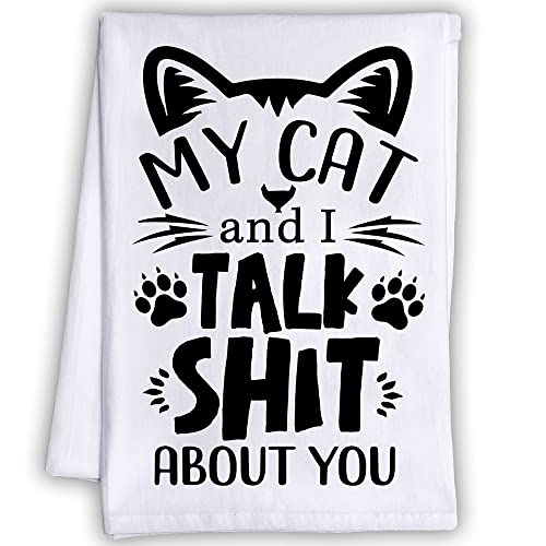 Funny Cat Tea Towels - 'My Cat and I Talk' Humorous Kitchen Towels with Sayings, Cute Decorative Dish Towels for Housewarming Gifts - Multi-Purpose Kitchen Linens for Women - Perfect for Cooking, Cleaning & Decorating