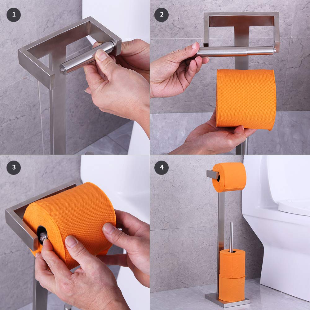 GERZWY Free Standing Toilet Paper Holder - SUS 304 Stainless Steel Bathroom Tissue Roll Stand with Brushed Finish - Durable & Rustproof for Home, Office, Hotel Restroom Decor (Model DZY005-LS) - Perfect for Modern Bathrooms, Powder Rooms and Guest Toilets