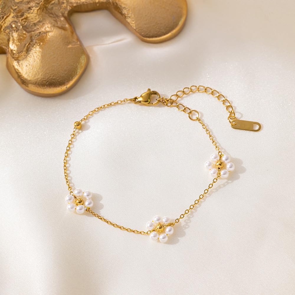 Sparkling White Crystal Flower Adjustable Gold Thin Chain Bracelet for Women - Elegant Stackable Jewelry Gift for Birthday, Anniversary & Wedding