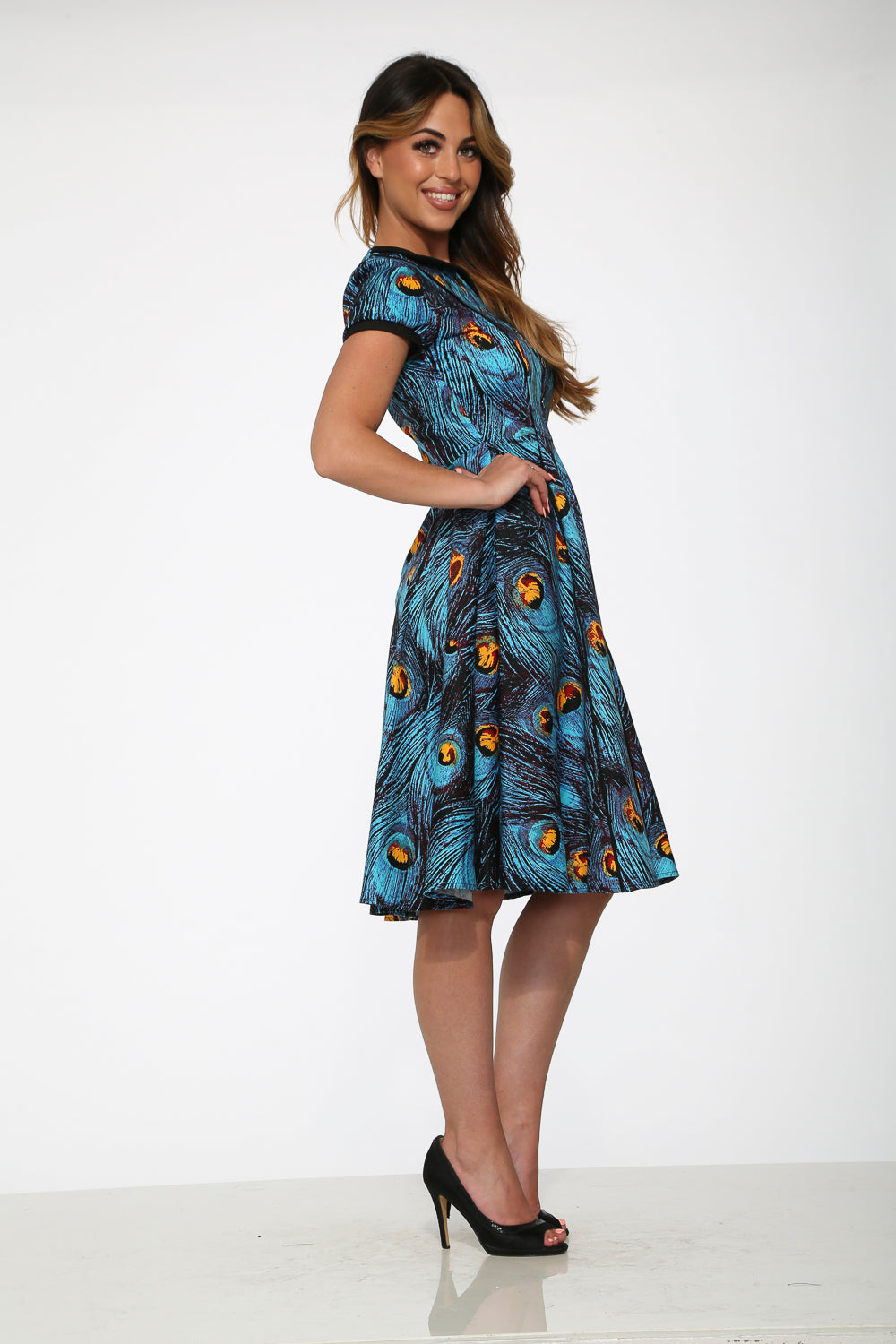 Elegant Blue Peacock Swing Dress for Women - Flowy A-Line Summer Party Dress | Perfect for Weddings, Cocktails & Date Nights