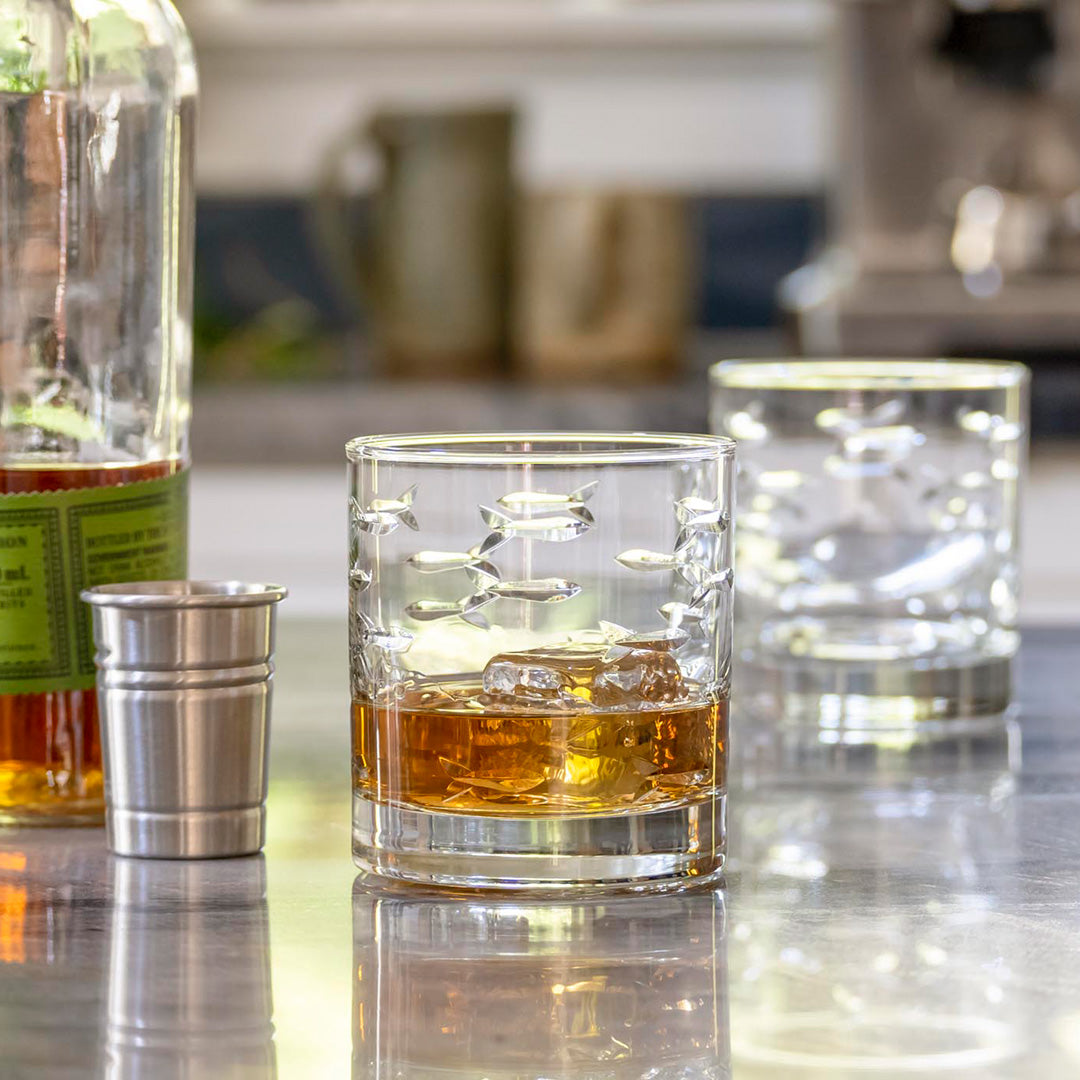 Premium School of Fish Double Old Fashioned Glasses Set of 4 - Elegant Whiskey & Cocktail Drinking Glasses for Home Bar, Dinner Parties & Gifts