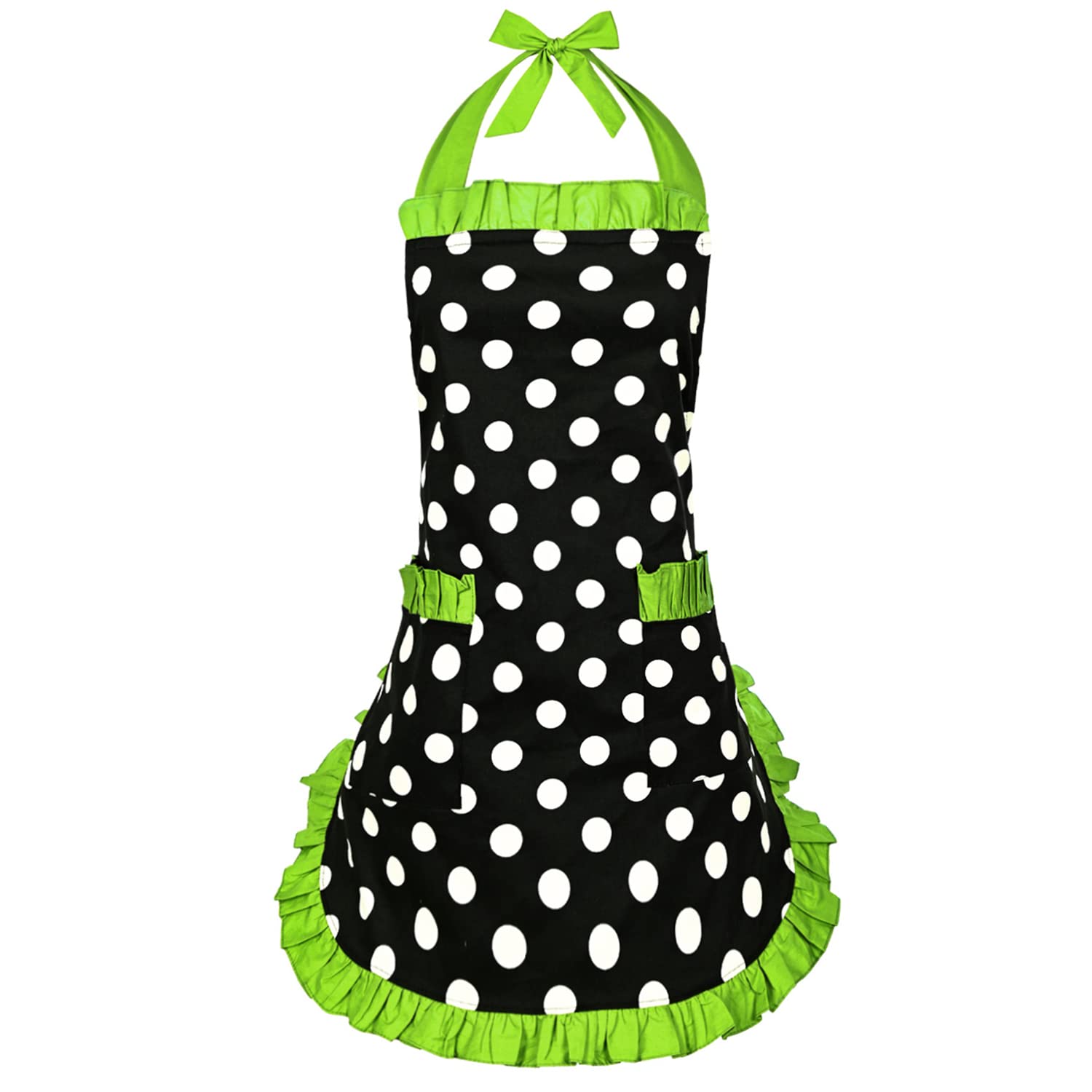Vintage Polka Dot Apron for Women - Adjustable Ruffled Retro Apron with Pockets - 1950s Style Green Kitchen Apron - Perfect for Cooking, Baking, Halloween Costume & Mother's Day Gift