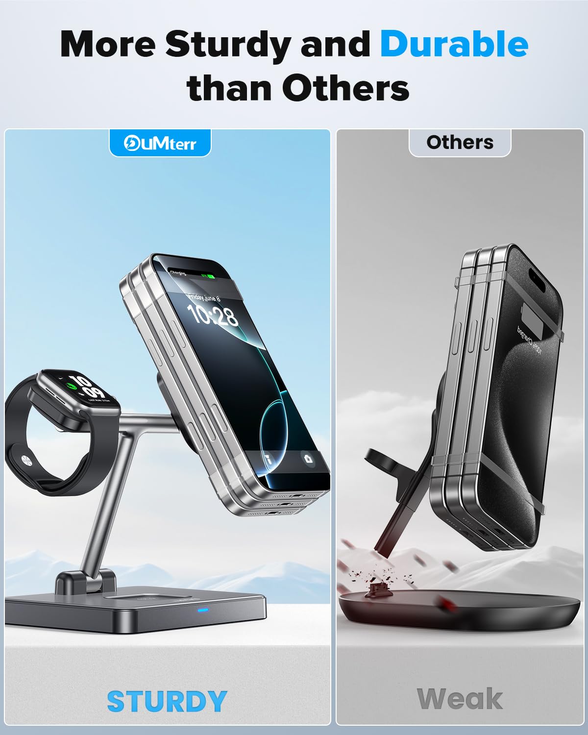 DUMTERR 3-in-1 Foldable Wireless Charging Station with MagSafe for iPhone 16/15/14/13/12, Apple Watch Series & AirPods - Fast Magnetic Charger Stand with N52 Strong Magnet & Safety Protection | Perfect for Home, Office & Travel Use