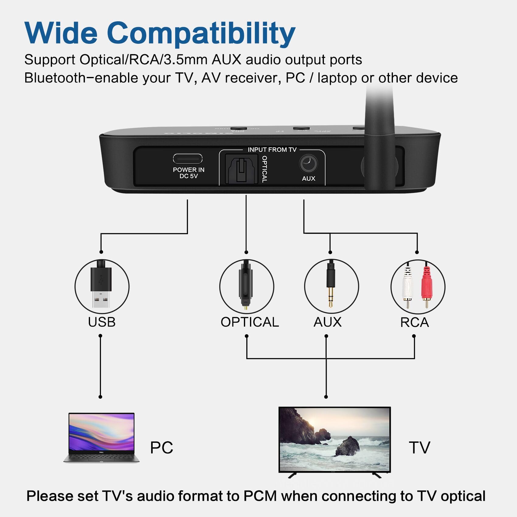 SIMOLIO JH201D aptX Low Latency Bluetooth Transmitter for TV - Wireless Audio Adapter for 2 Headphones/Speakers, 197ft Range, Optical & 3.5mm - Perfect for Home Theater & Gaming