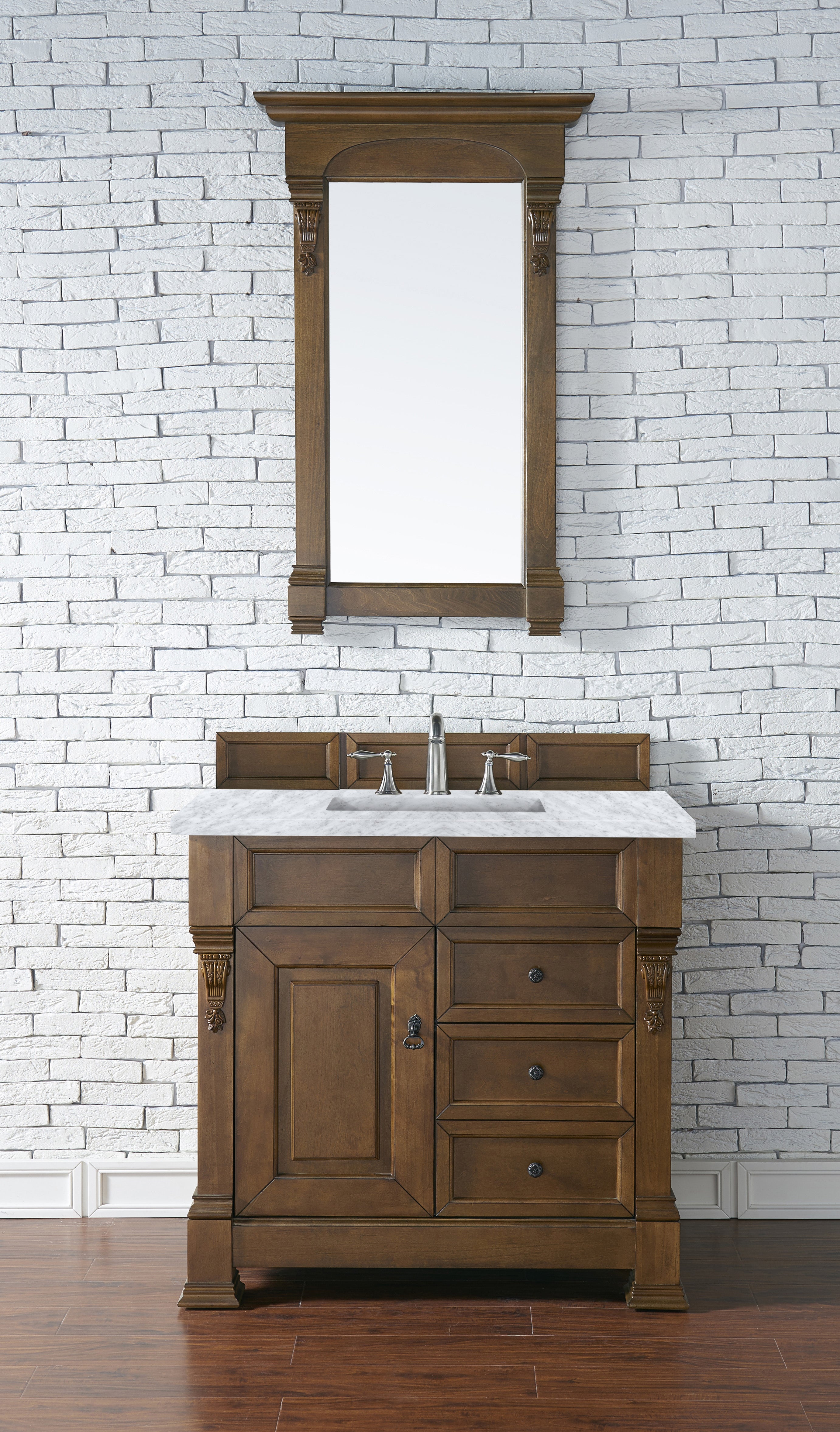 Brookfield 36 Inch Single Bathroom Vanity Set - Country Oak Finish with 3CM Carrara Marble Countertop | Perfect for Modern Farmhouse & Traditional Bathroom Decor