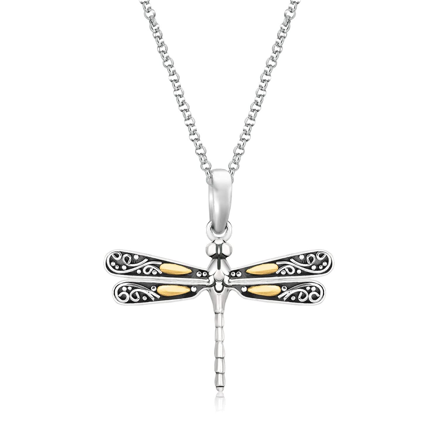 18K Yellow Gold & Sterling Silver Dragonfly Pendant Necklace - Elegant Fine Jewelry for Women | Perfect for Gifts, Anniversaries, and Special Occasions