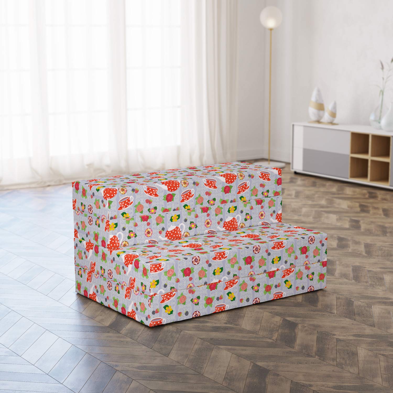 Ambesonne Colorful Foldable Mattress with Cartoon Tea Pots & Roses Design - 74.8
