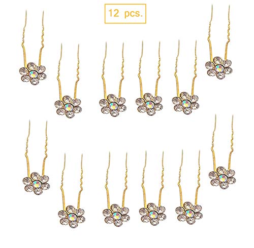 12Pcs Golden Bridal Hair Pins Set - Crystal Pearl Flower Hair Clips for Wedding, Party & Special Events - Elegant Twists & Coils for Updos & Hairstyles