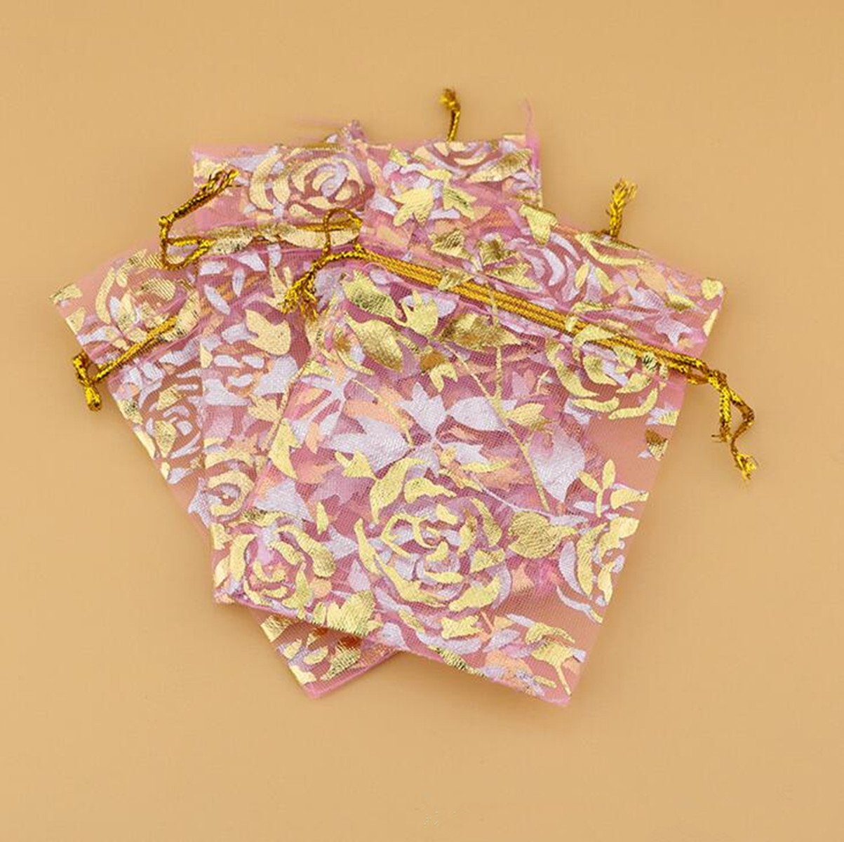 100pcs Rose Pattern Organza Wedding Favor Bags 5