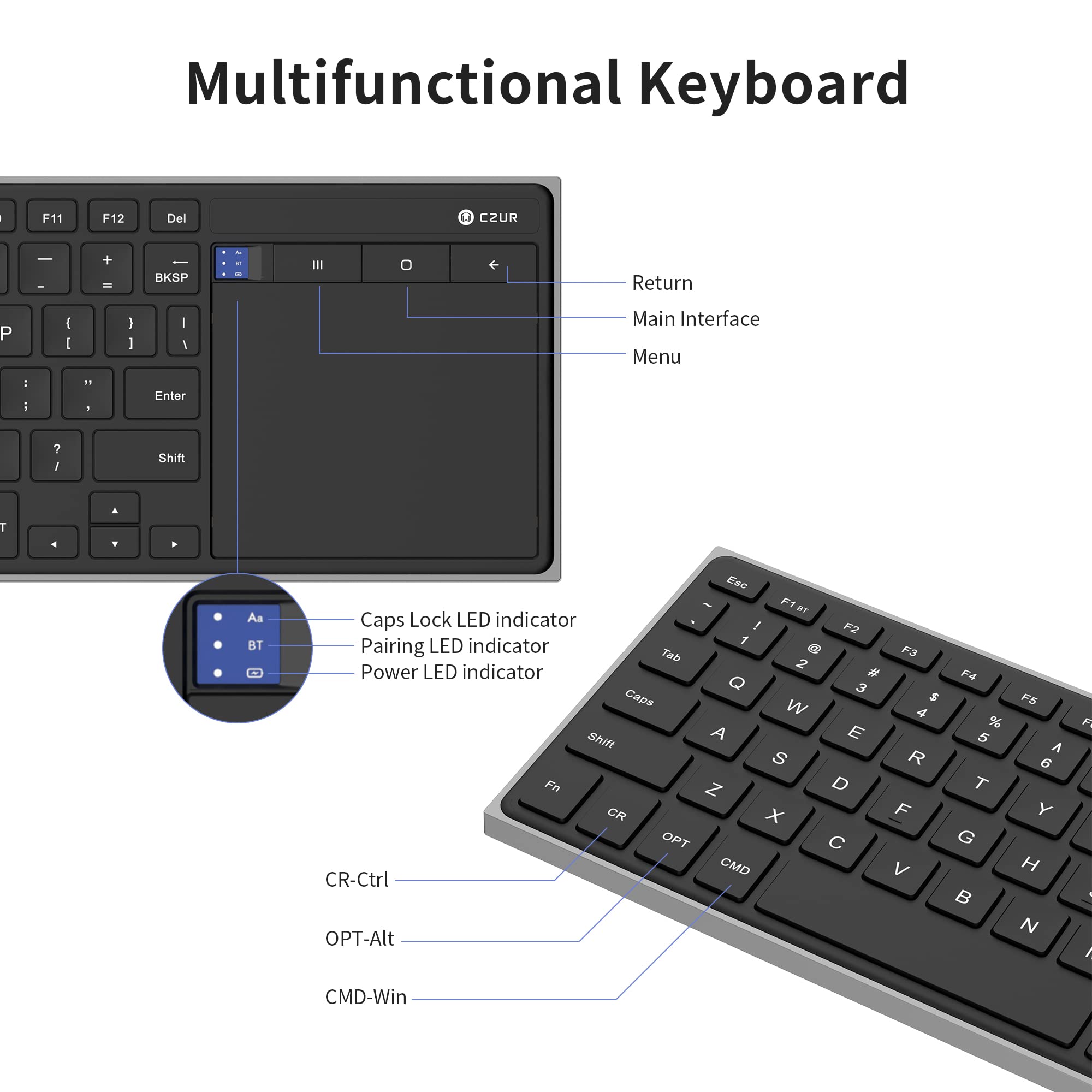 CZUR Rechargeable Bluetooth Keyboard with Touchpad, Ultra Slim Wireless Keyboard for PC, Laptop, Tablet & Phone, Perfect for Home Office, Travel & Remote Work
