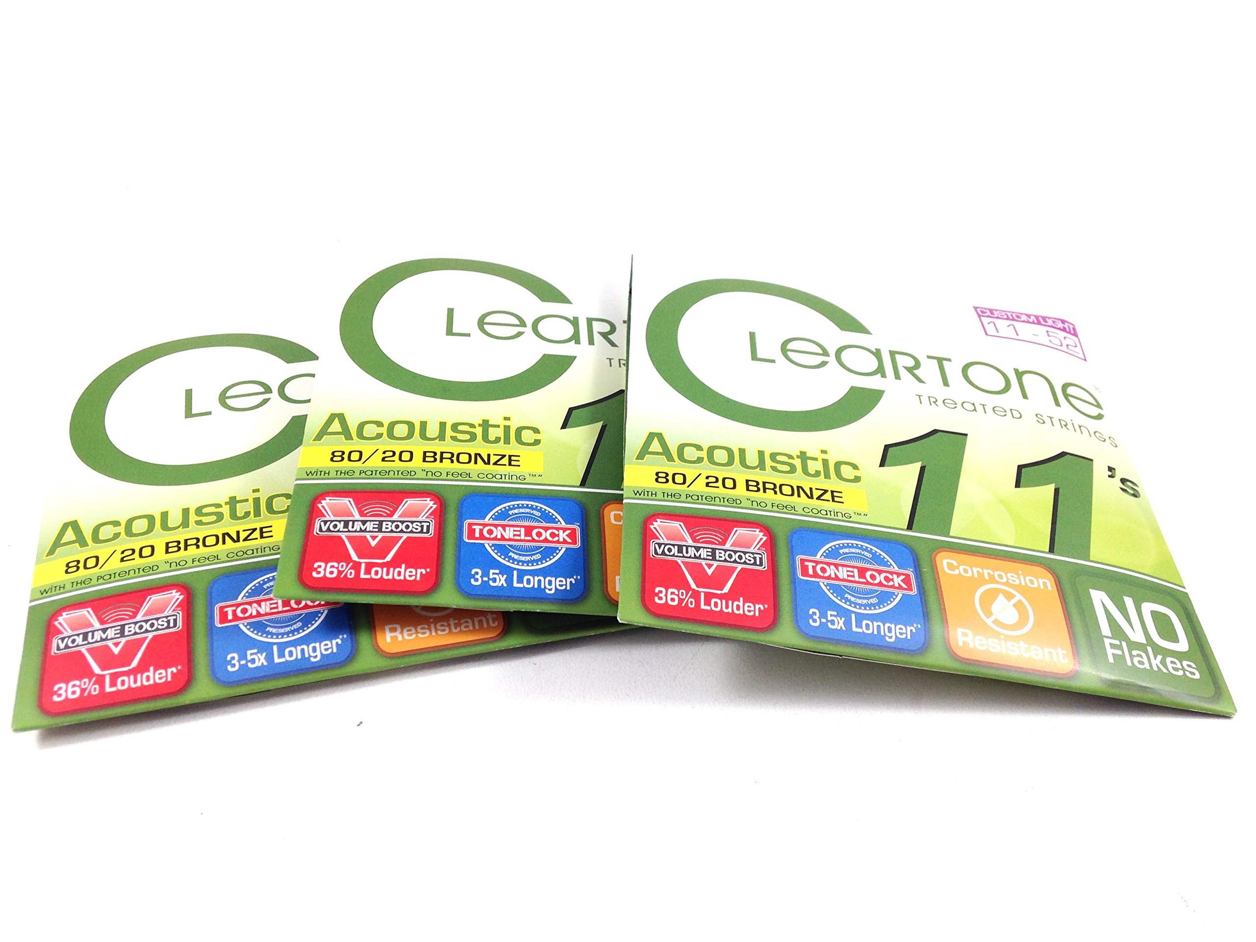 Cleartone Acoustic Guitar Strings 80/20 Bronze Custom Light 11-52 - 3 Pack Set for Warm Bright Tone | Perfect for Folk, Country & Fingerstyle Playing