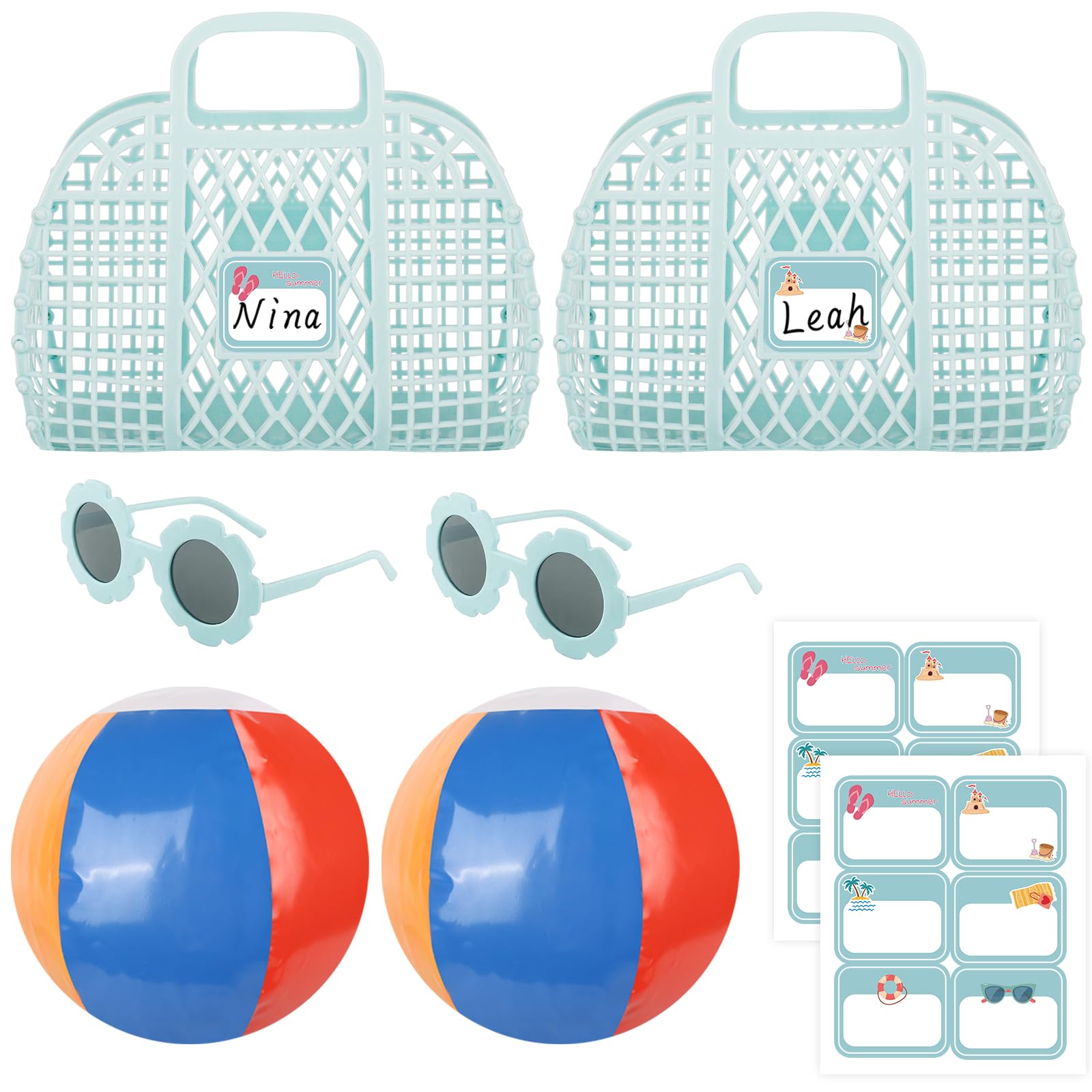 Colorful Reusable Jelly Beach Tote Bag for Women & Girls - Plastic Flower Sunglasses, DIY Name Tag Stickers & Inflatable Beach Ball Included - Perfect for Pool Parties, Summer Travel & Beach Vacations