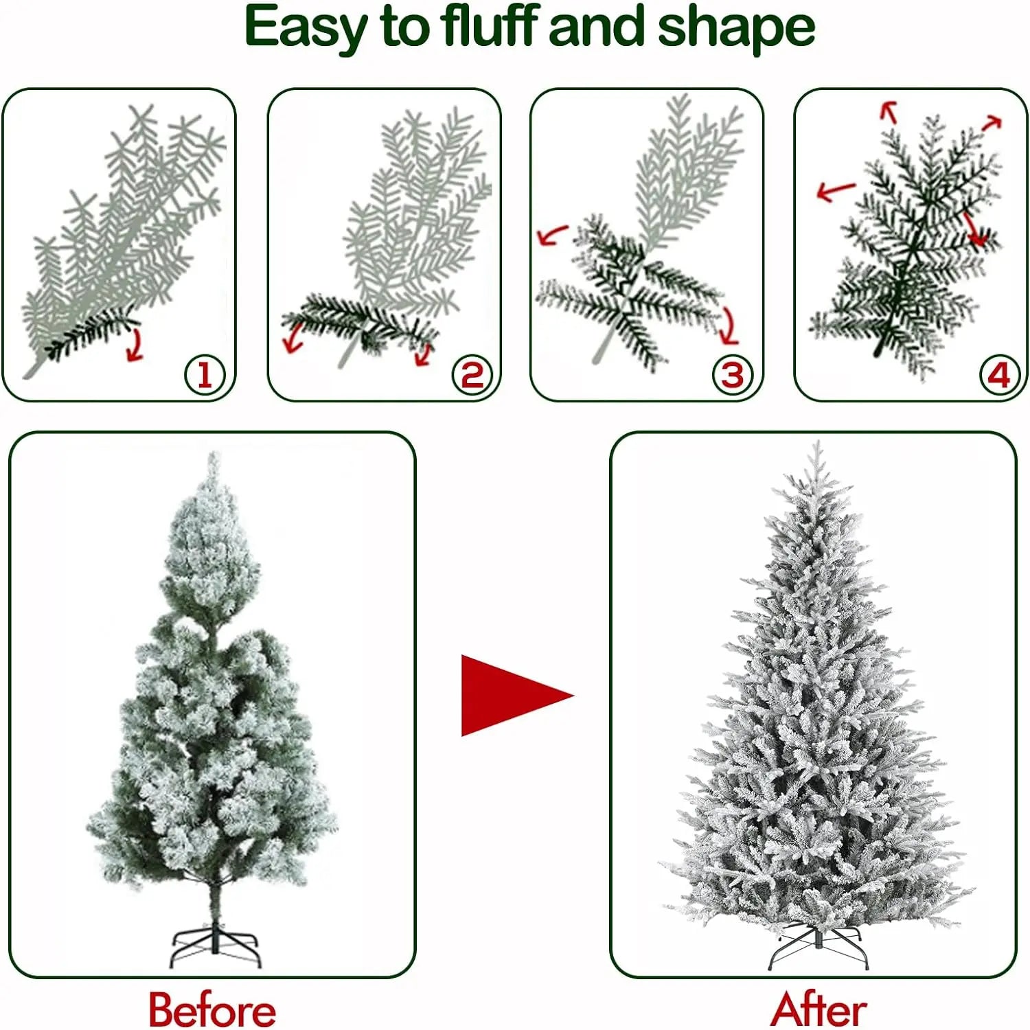 6.5'/7.5' Premium Pre-Lit Snow Flocked Artificial Christmas Tree with 11 Modes LED Lights, 800+ Branch Tips, Sturdy Metal Stand & Hinged Branches - Perfect for Living Room, Office, and Holiday Decorations