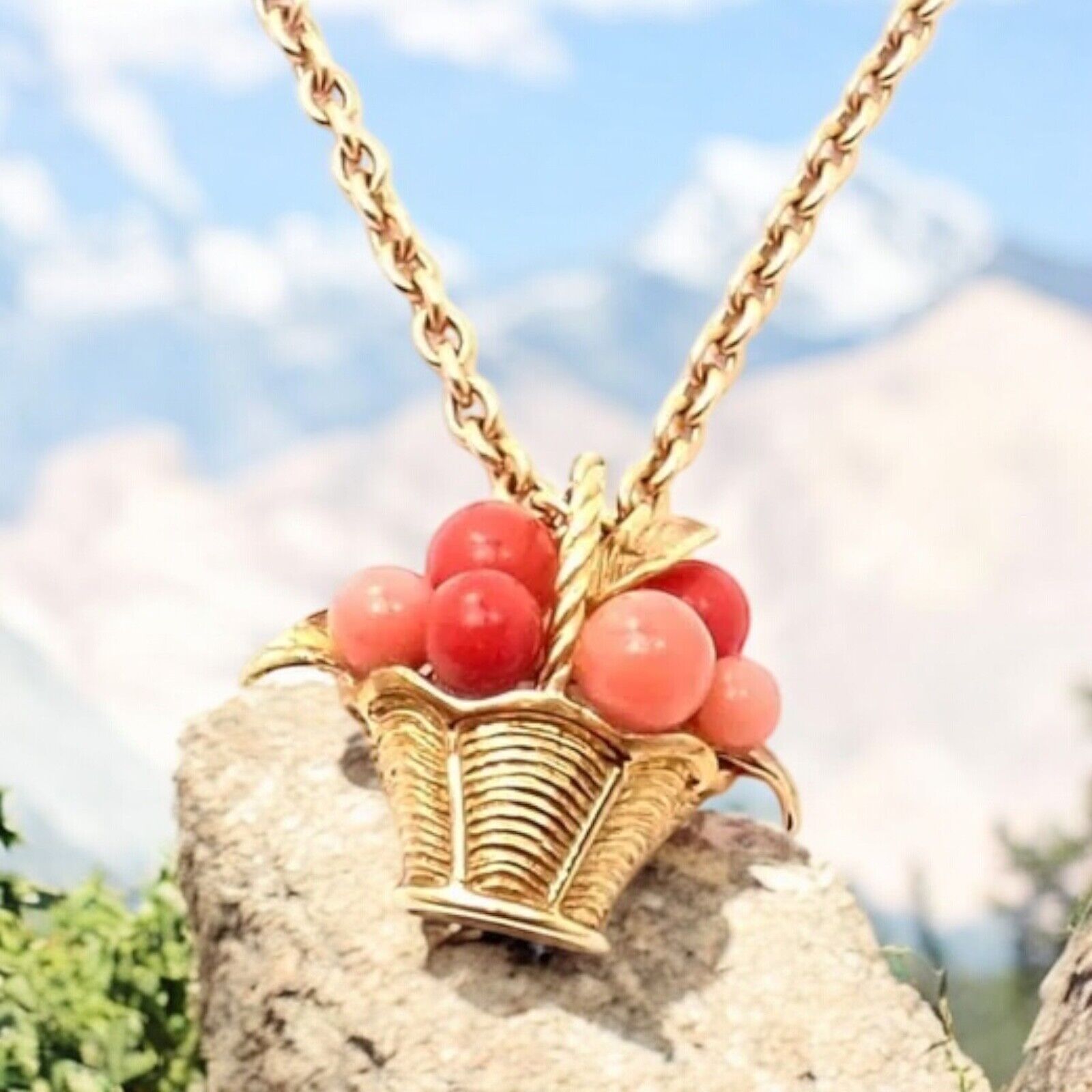 Authentic Van Cleef & Arpels 18k Gold Coral Bead Fruit Basket Pendant Necklace - Luxury Jewelry Gift for Women, Perfect for Weddings, Anniversaries & Special Occasions