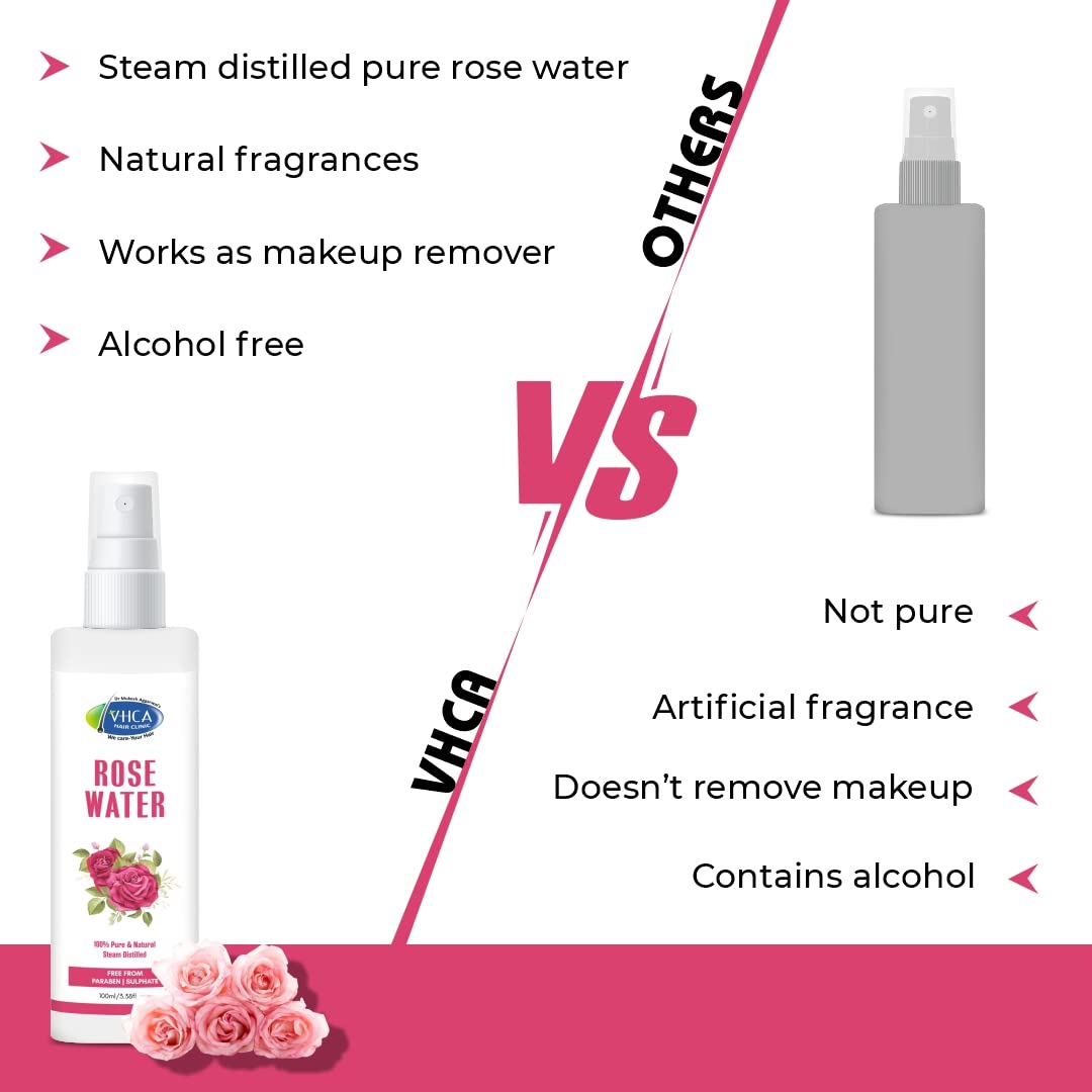 VHCA Pure Distilled Rose Water Facial Spray - Hydrating & Refreshing Toner for Oily, Dry & Normal Skin | Alcohol-Free Skin Care for Men & Women | 3-Pack (100ml Each) | Perfect for Daily Skincare, Makeup Setting & Summer Cooling