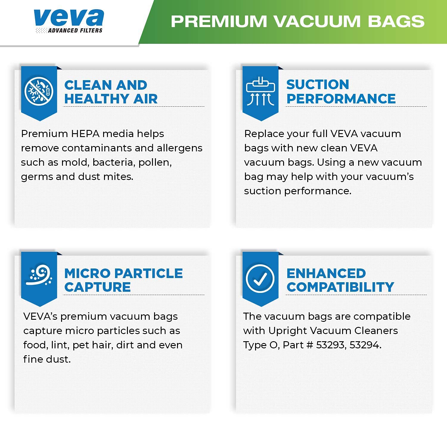 VEVA 30 Pack Premium HEPA Vacuum Bags - Compatible with Kenmore & Sears Upright Vacuum Cleaners (Type O, Part #53293, 53294) - High Efficiency Dust Collection for Allergy Relief & Home Cleaning