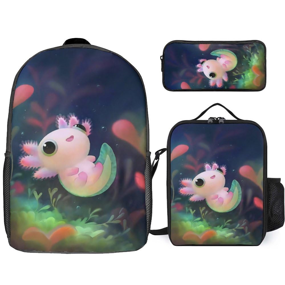 Waterproof Axolotl Backpack for School & Travel - 17 Inch Cute Laptop Bookbag with Lunch Bag & Pencil Case for Boys, Teens & Kids | Perfect for School, College, Hiking & Daily Use