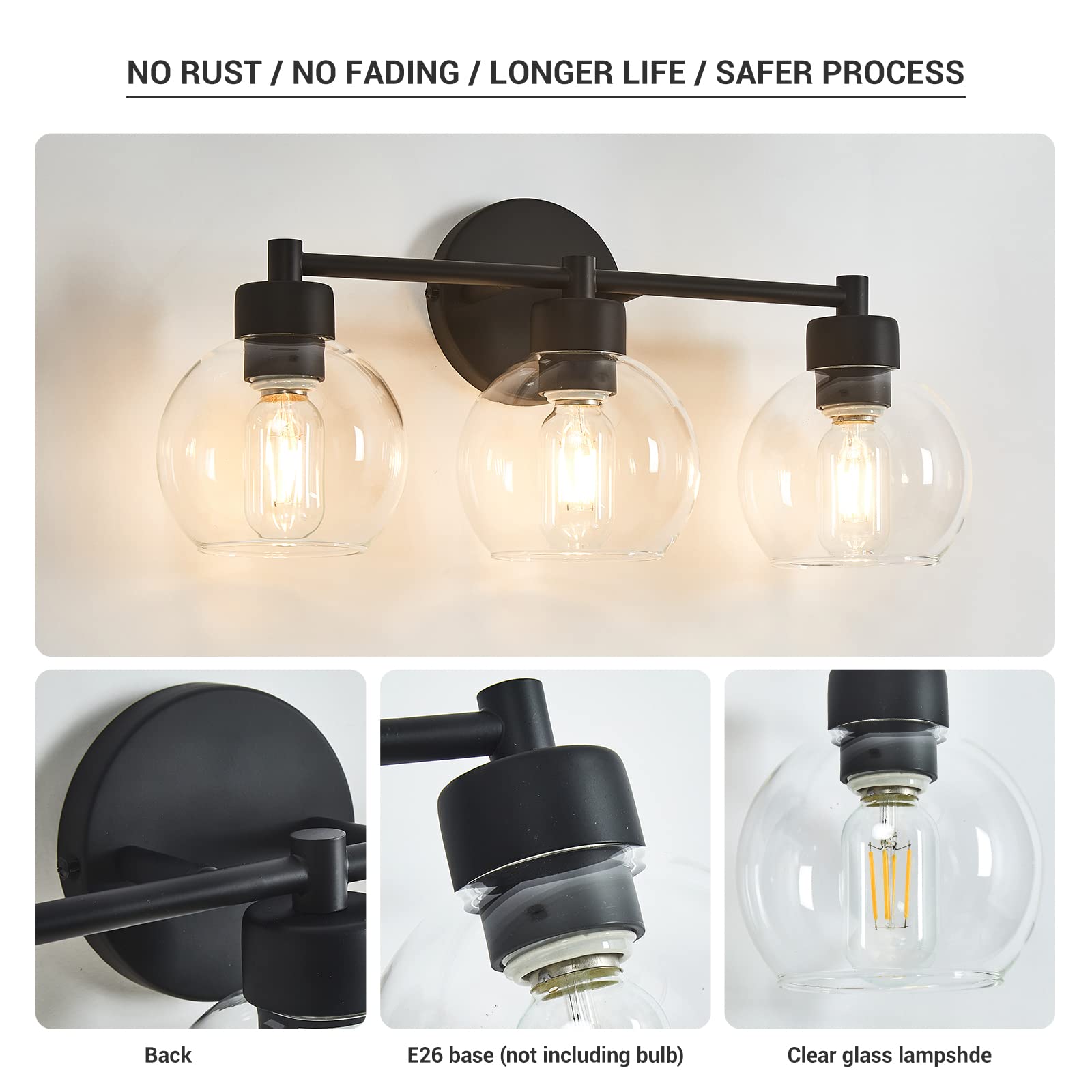 3-Light Black Round Bathroom Vanity Light Fixture with Clear Globe Glass - Matte Black Wall Sconce for Mirror, Bedroom, Living Room & Kitchen - Perfect for Modern Home Decor and Bathroom Makeovers