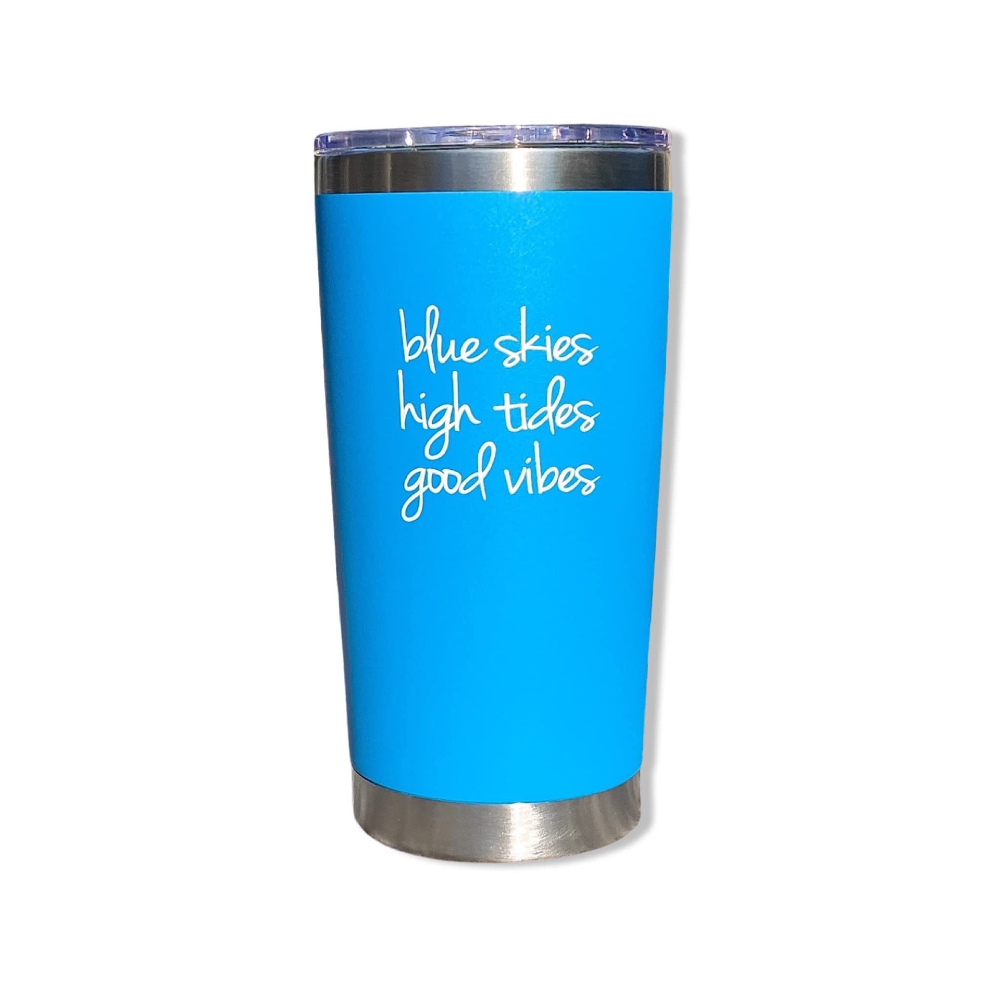 Blue Skies High Tides 20 oz Tumbler - Light Blue Beach & Lake Travel Mug, Tropical Vacation Gift for Beach Days, Lake Getaways, and Outdoor Adventures