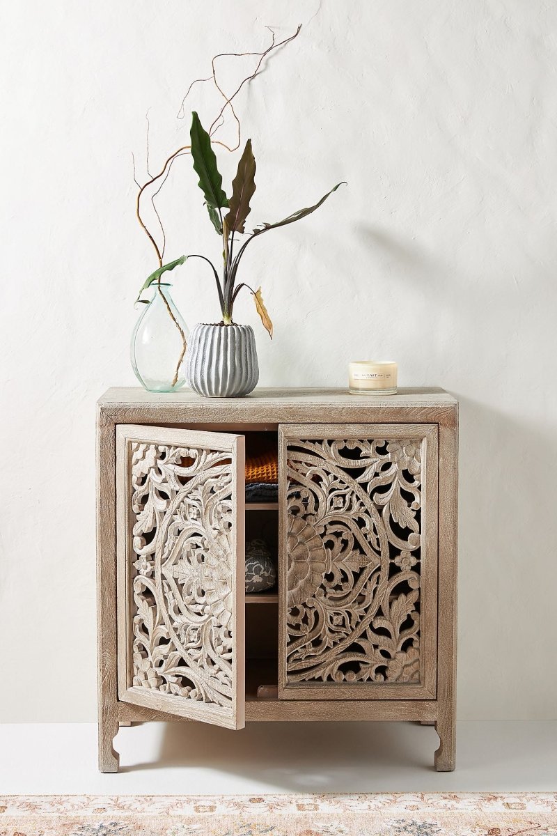 Hand Carved Lombok Entryway Cabinet - Solid Wood Kitchen Storage Unit with 3 Drawers & Shelves | Perfect for Hallway, Living Room & Dining Room Organization