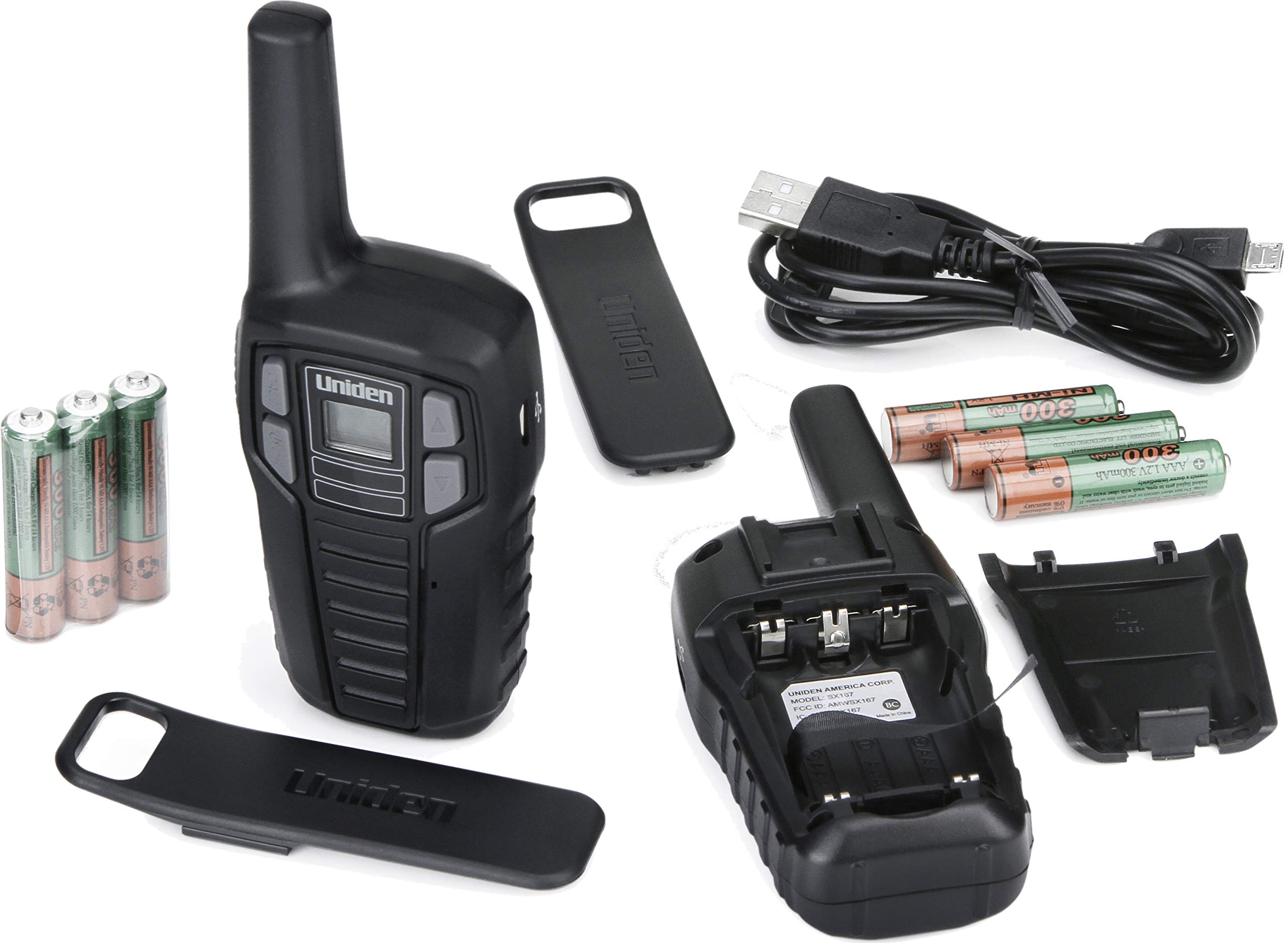 Uniden SX167-2C 16-Mile Range Rechargeable Two-Way Radios Walkie Talkies with NOAA Weather Alerts, Roger Beep & Charging Cable - 2 Pack Black - Ideal for Camping, Hiking, Outdoor Adventures & Emergency Communication