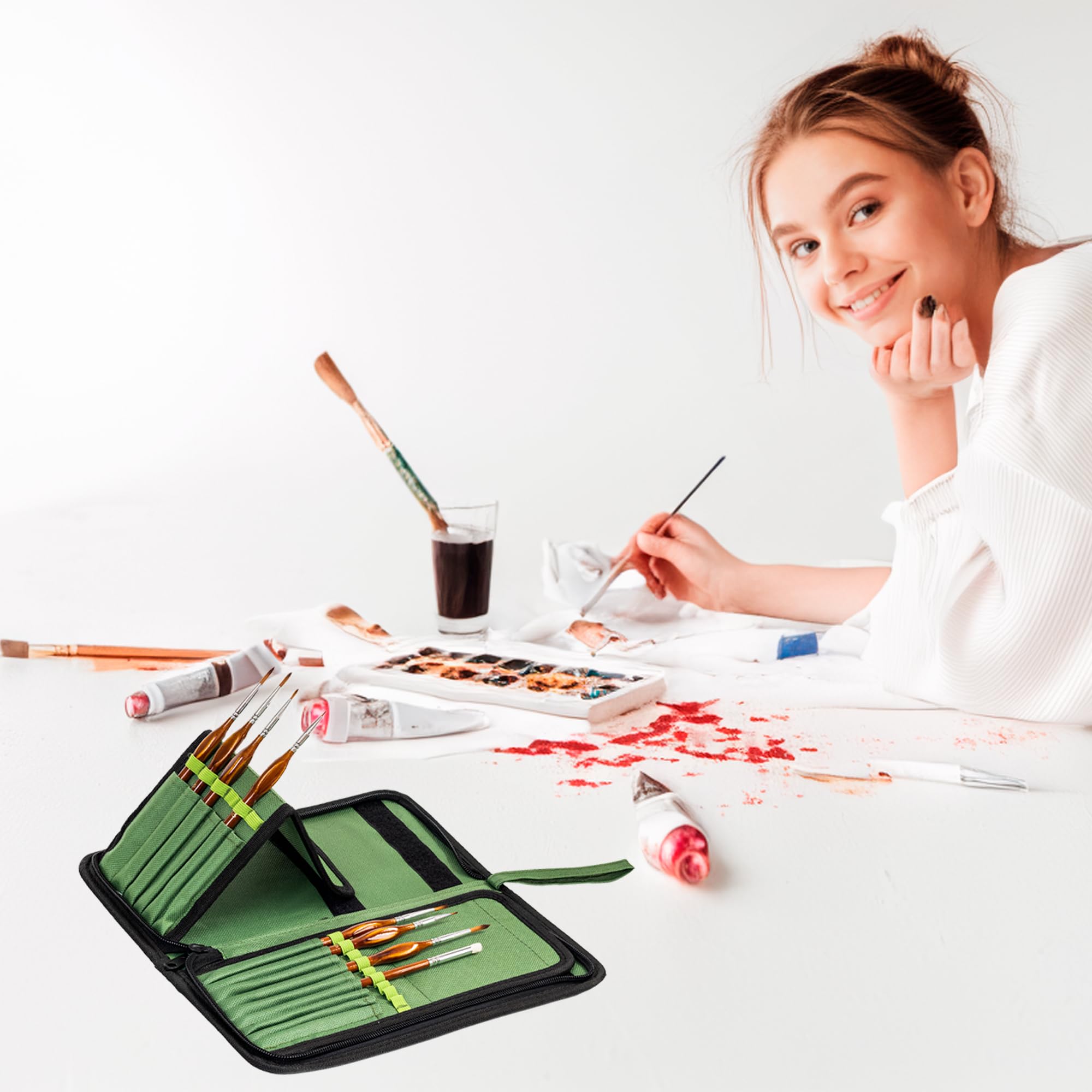 DUGATO Green Canvas Paint Brush Holder & Organizer - 15 Slot Artist Brush Carrying Case for Brushes up to 9.3 Inches (5.4x10.7 Inches) - Perfect for Watercolor, Acrylic & Oil Painting Supplies Storage (Brushes Not Included)