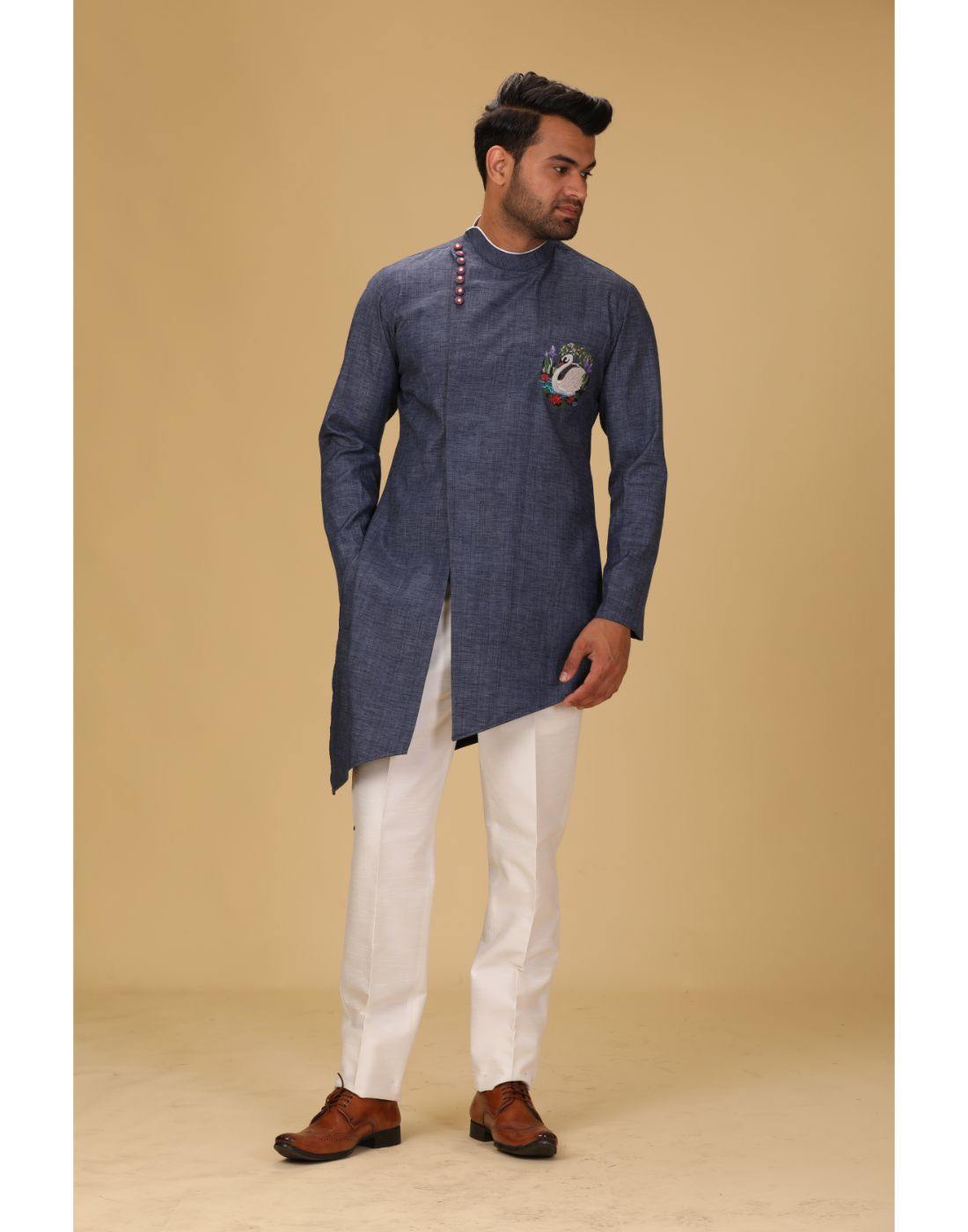 BluesnGreys Indigo Blue with Flamingo Print Designer Kurta Pant Set - Stylish Ethnic Outfit for Parties, Weddings & Festive Occasions