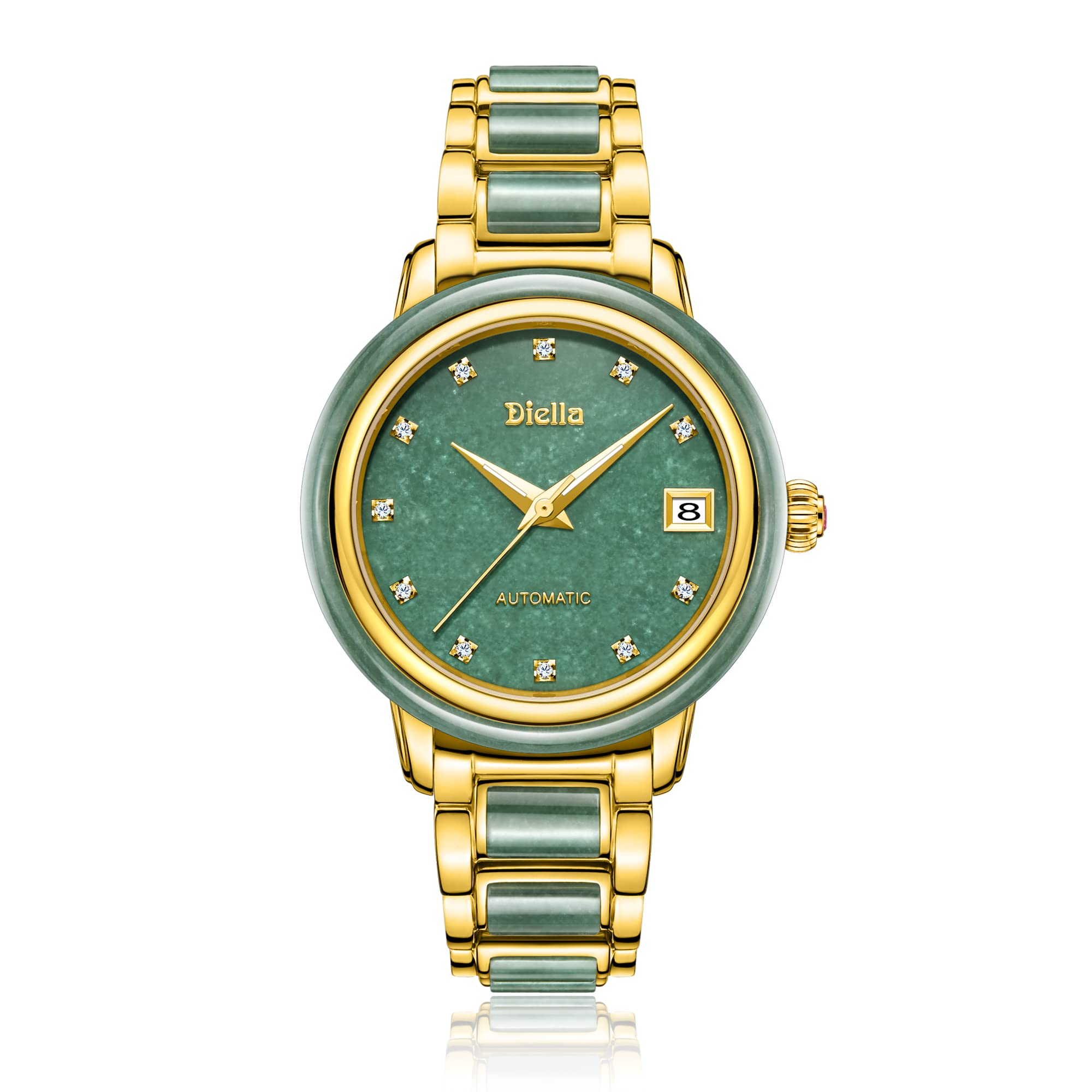 Diella Women's Luxury Automatic Mechanical Dress Watch - Gold & Green Jade Stainless Steel Watch for Ladies (Model AD6001L) | Perfect for Formal Events, Business Meetings & Special Occasions